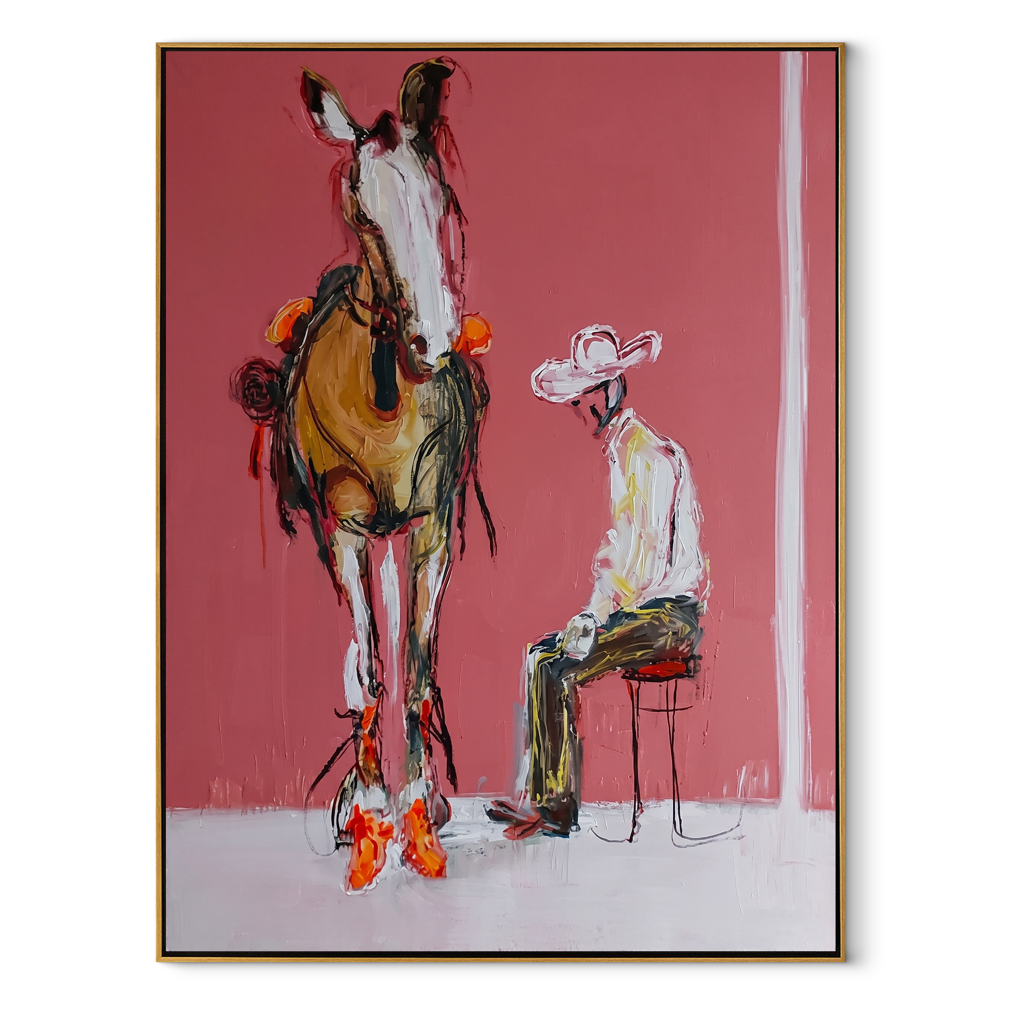 Quiet Chair Meets Horse Western figurative painting, vertical canvas artwork