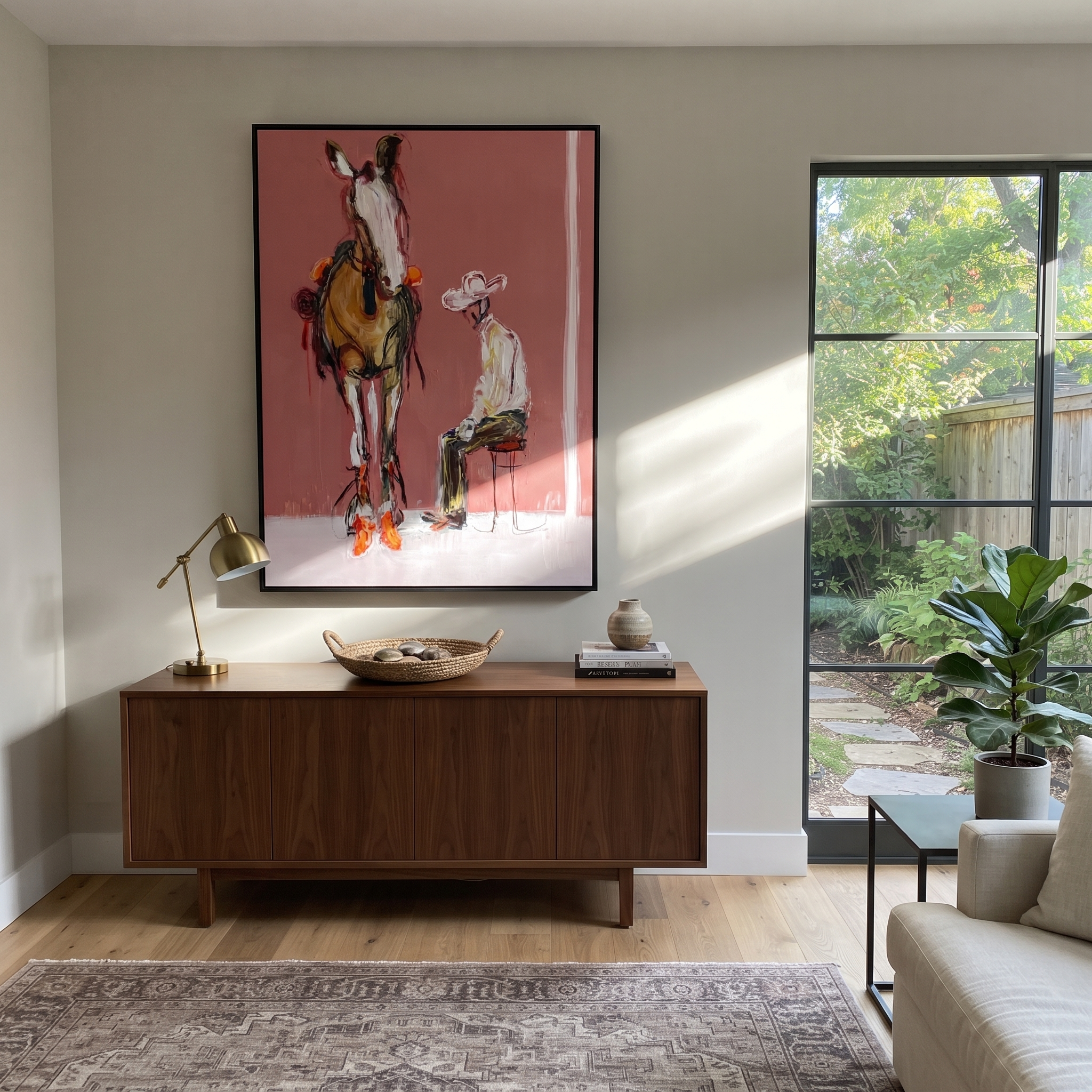 Quiet Chair Meets Horse styled with warm modern furnishings