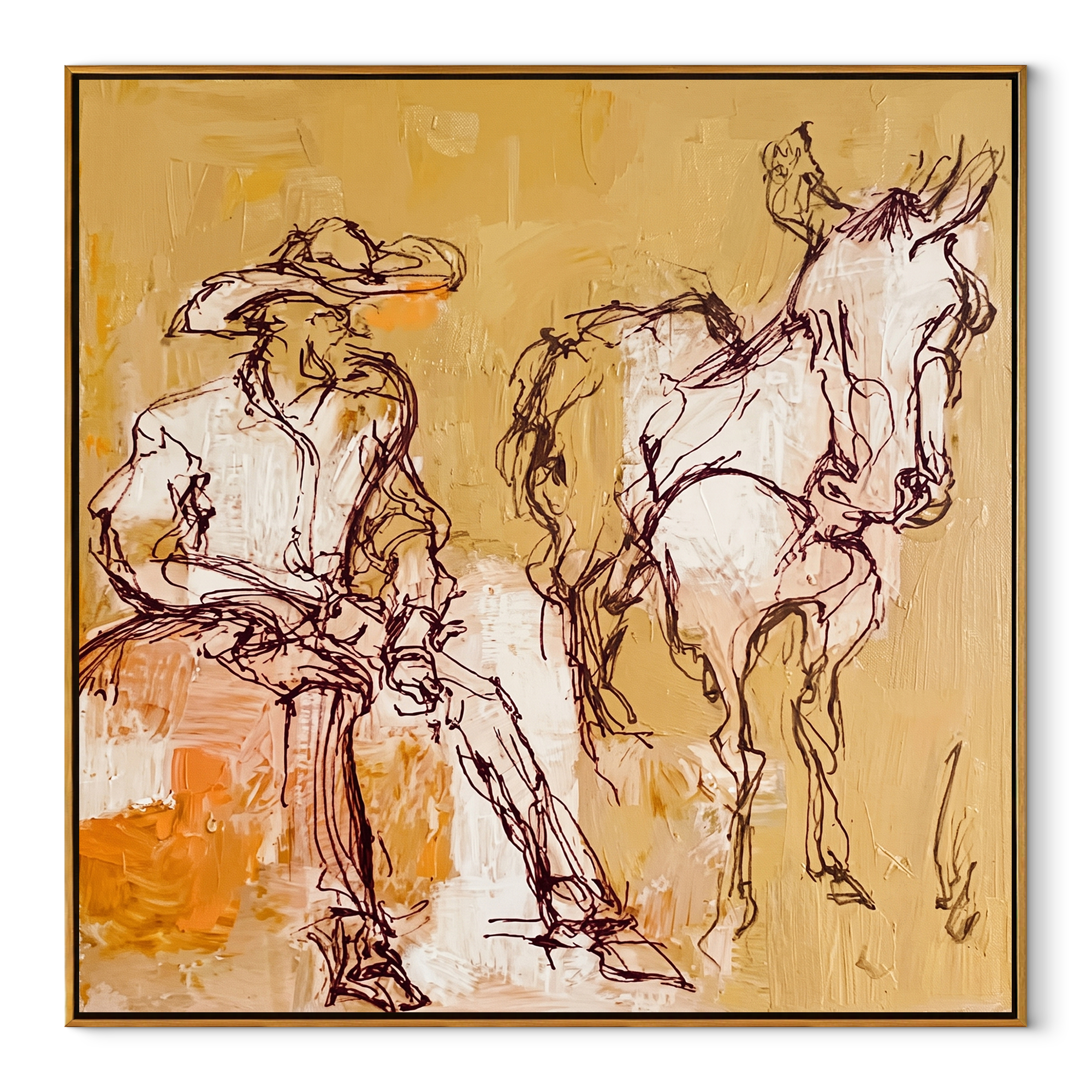 Pale Reins Pause Together Western figurative painting, square canvas artwork