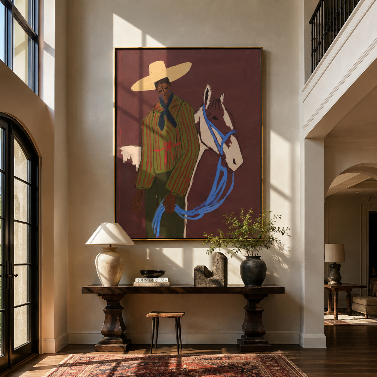 Blue Reins Cross Burgundy displayed in a collected contemporary interior