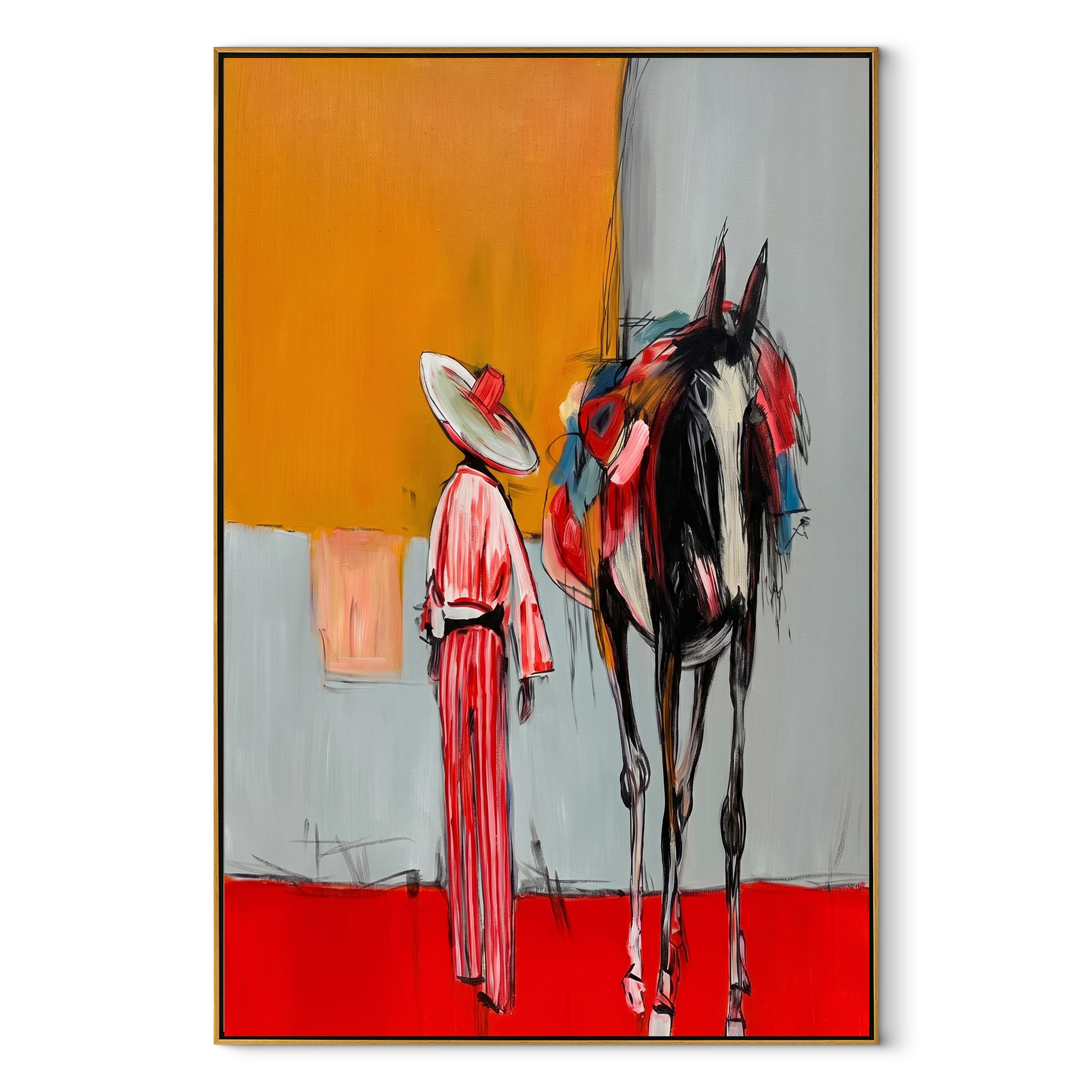 Red Hem Greets Midnight Western figurative painting, vertical canvas artwork