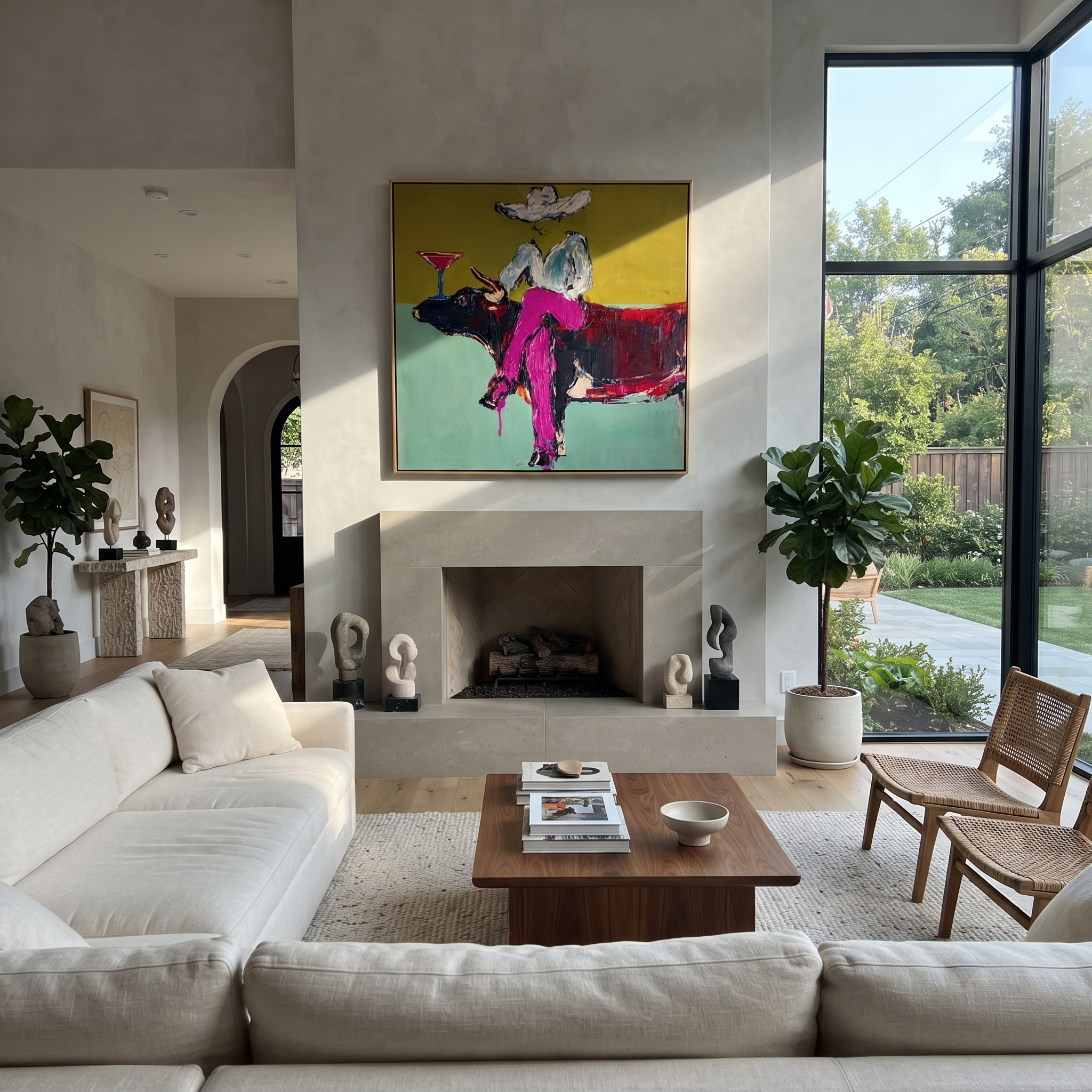 Martini Rests Above Horns styled with wood, linen, and modern decor