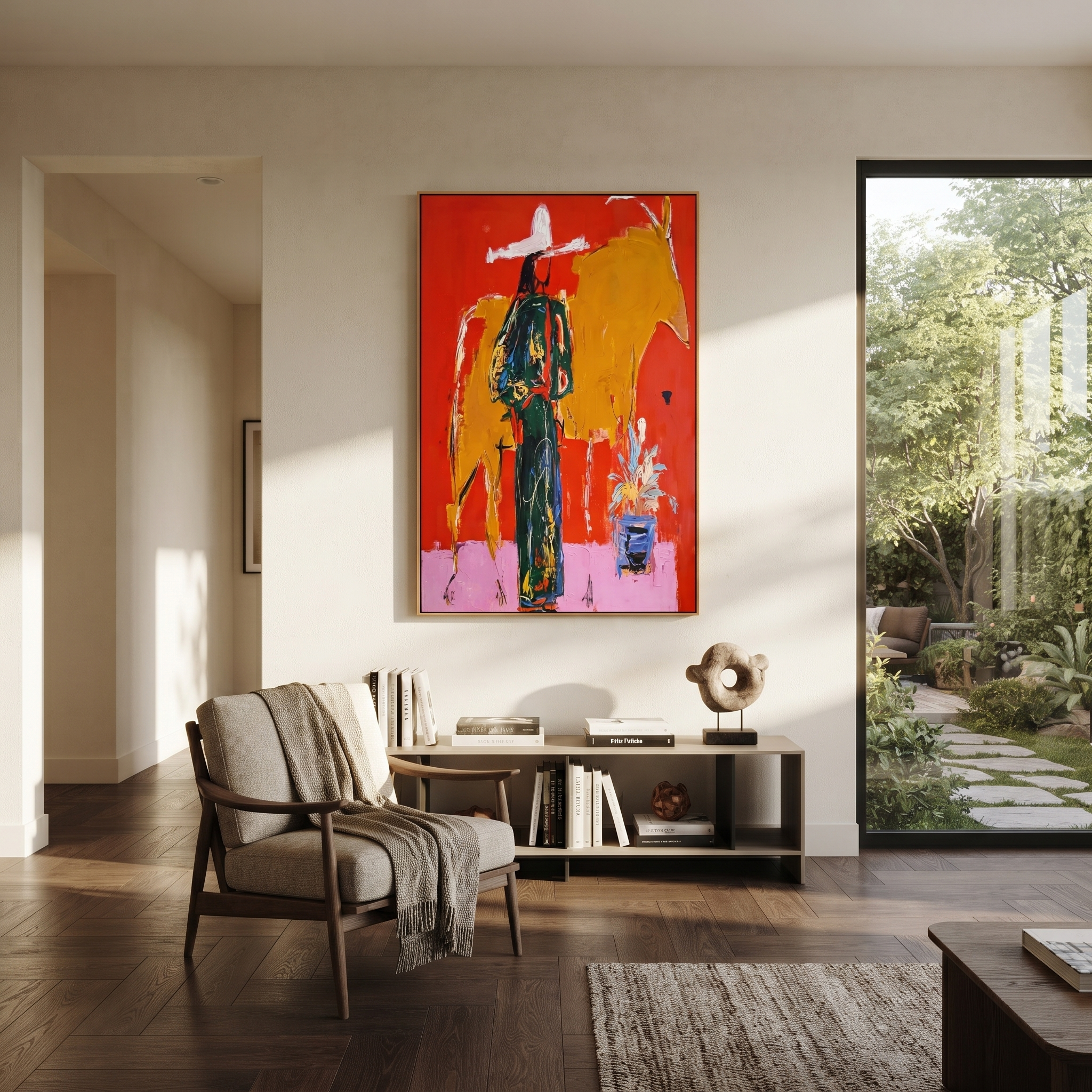 Golden Bull Shadows Cowgirl displayed in a collected contemporary interior