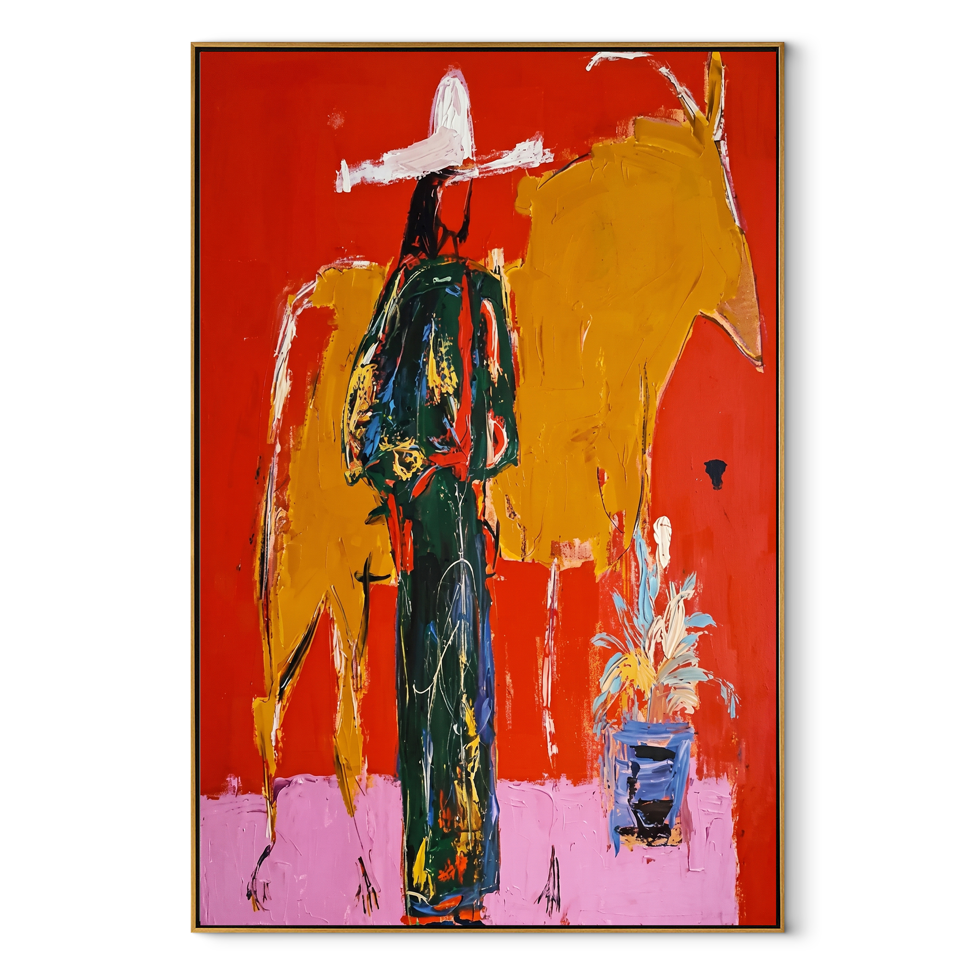 Golden Bull Shadows Cowgirl Western figurative painting, vertical canvas artwork
