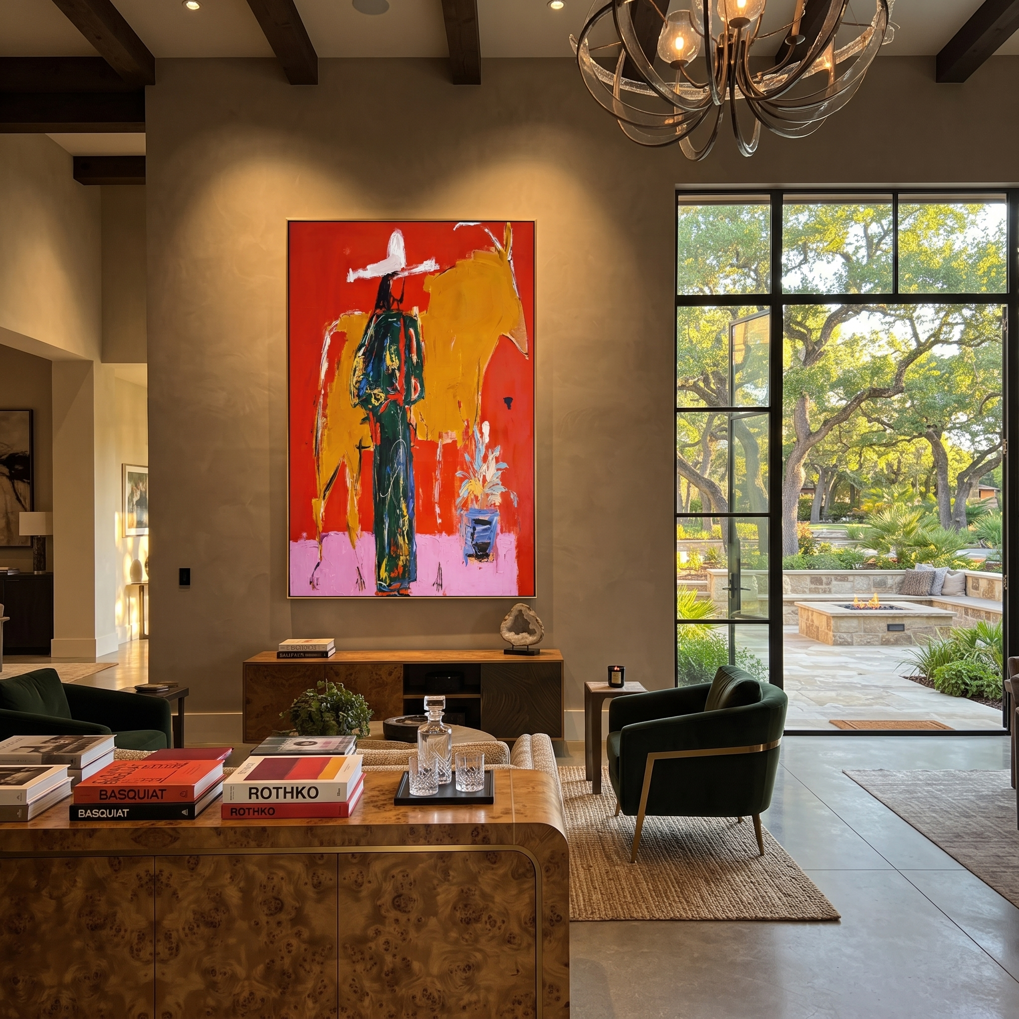 Golden Bull Shadows Cowgirl displayed in a layered residential setting