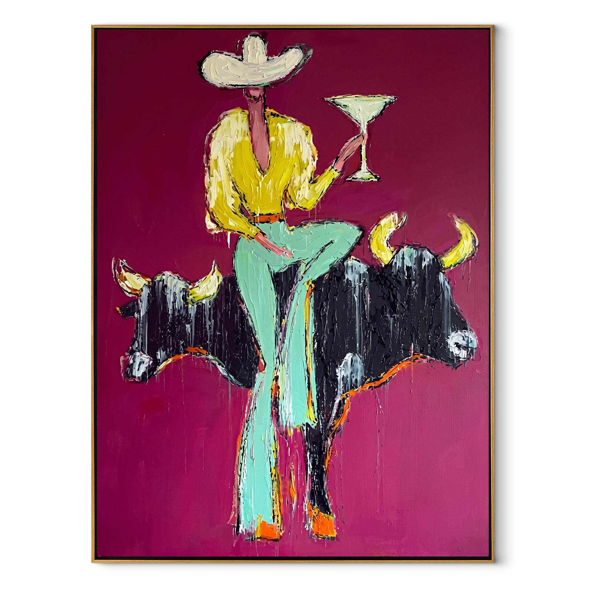 Two Bulls Hold Toast Western figurative painting, vertical canvas artwork