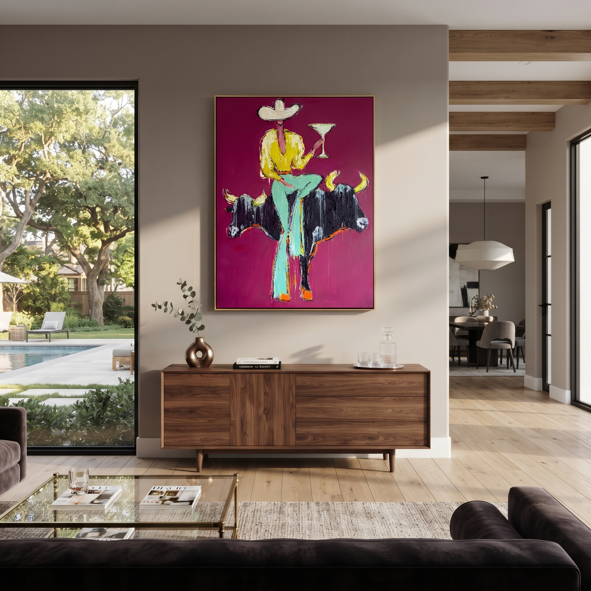 Two Bulls Hold Toast presented as a colorful interior focal point