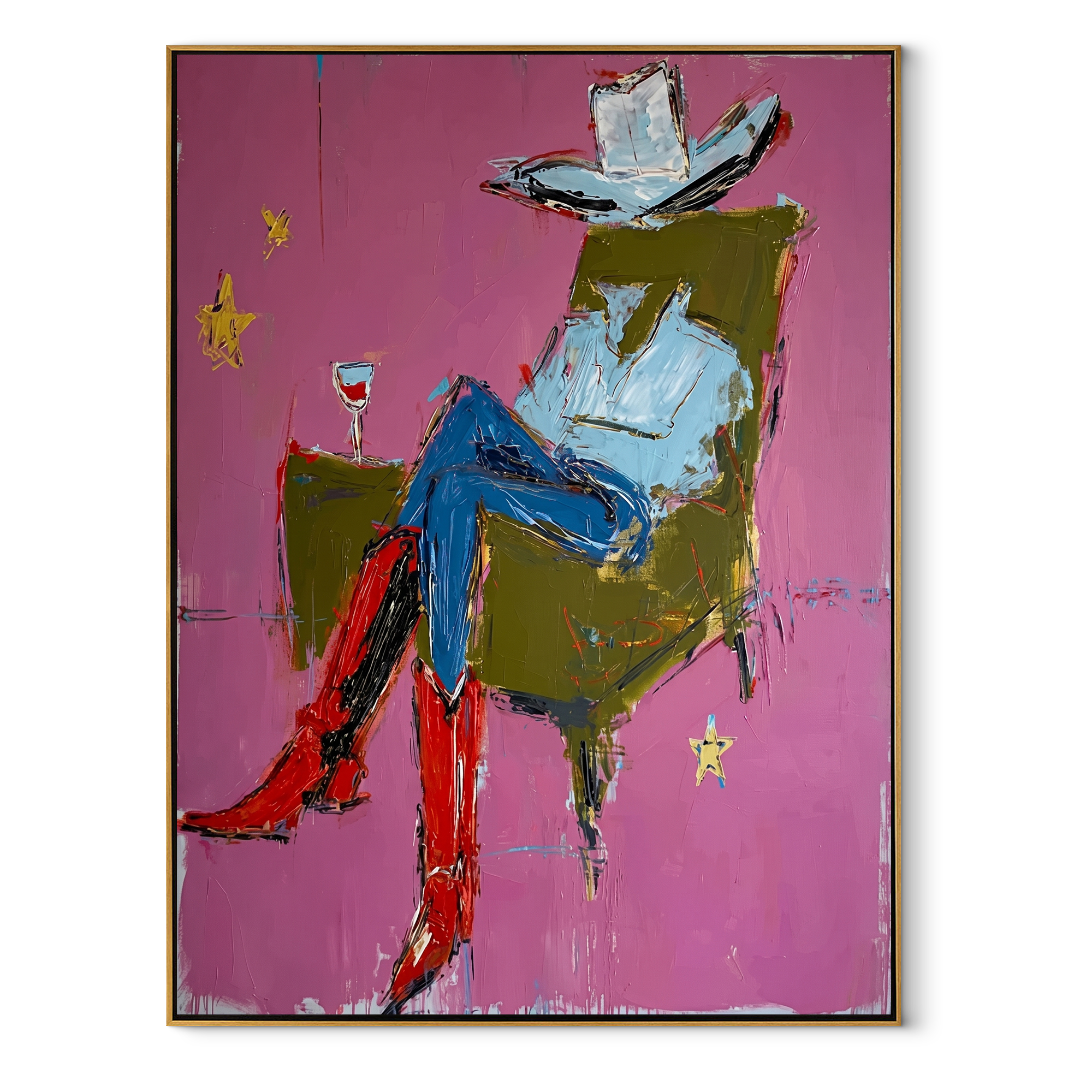 Red Boots Cross Rose Western figurative painting, vertical canvas artwork