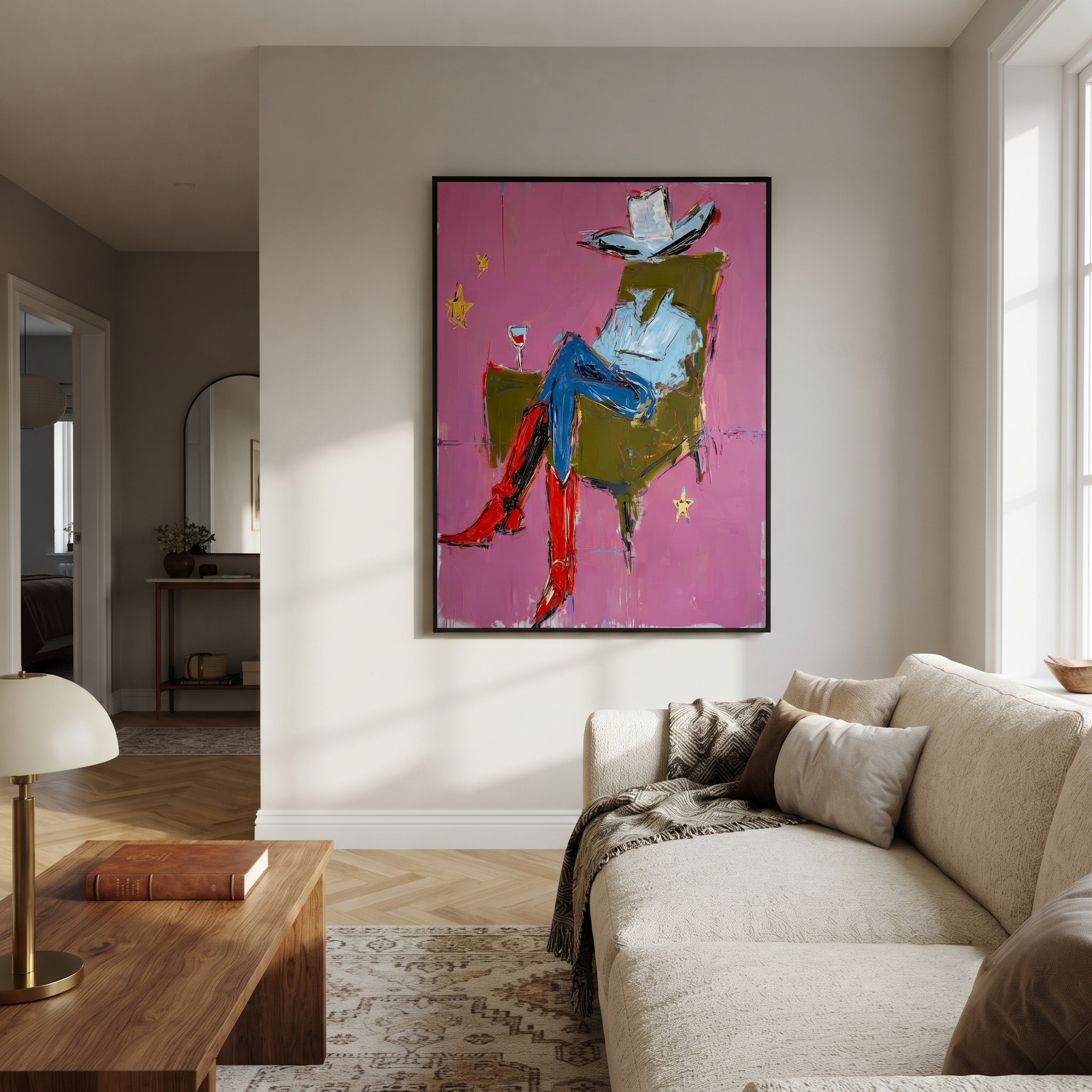 Red Boots Cross Rose styled with wood, linen, and modern decor