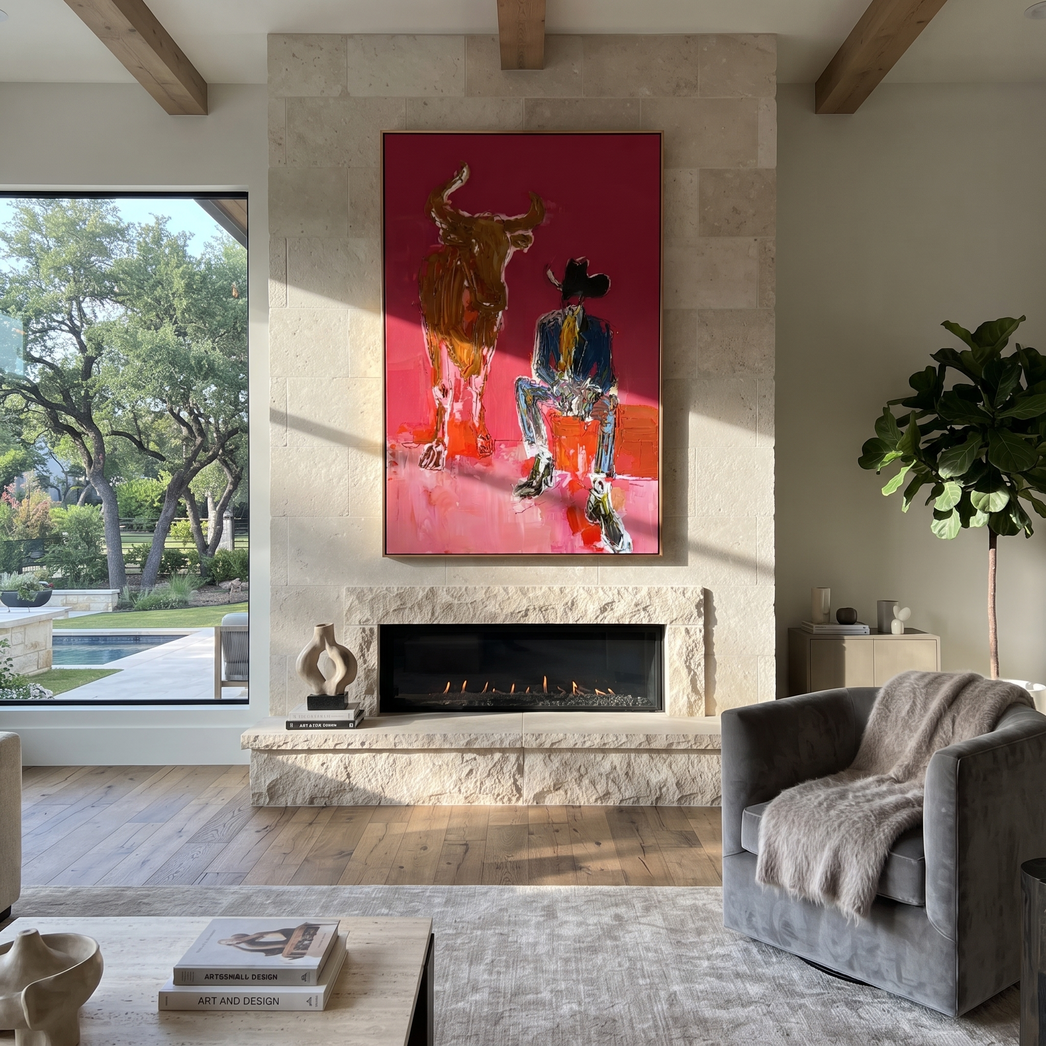 Giant Horns Keep Watch styled with warm modern furnishings