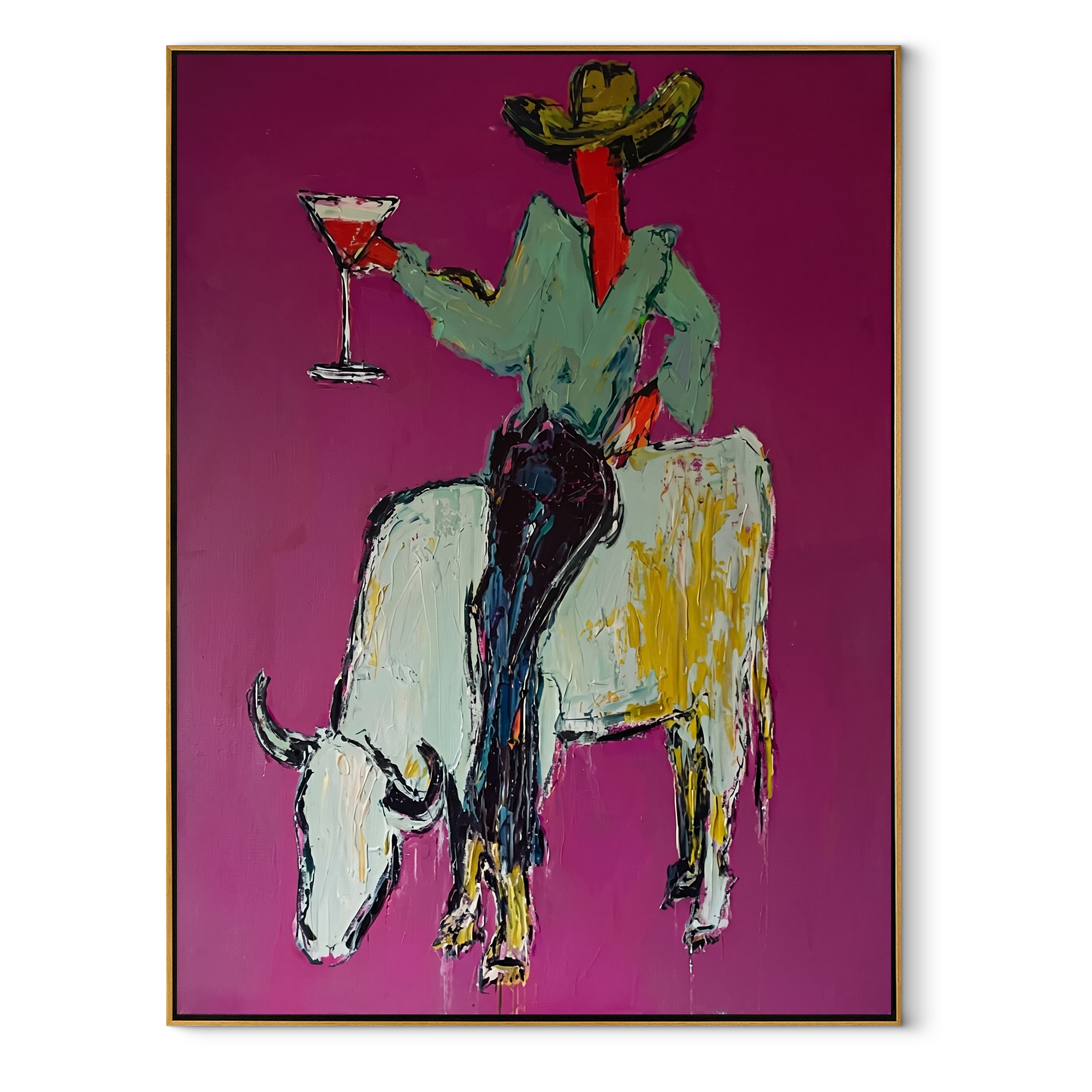 White Horns Carry Evening Western figurative painting, vertical canvas artwork
