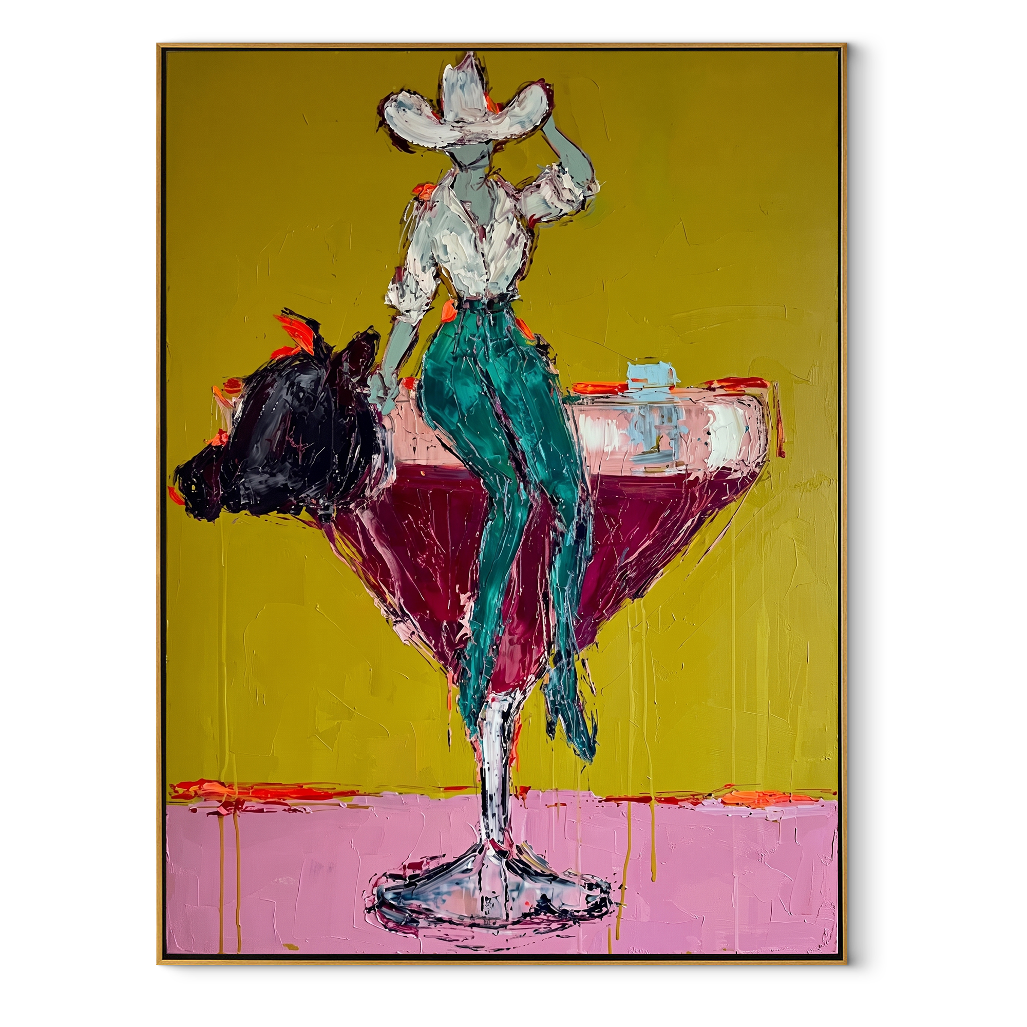 Turquoise Legs Balance Crimson Western figurative painting, vertical canvas artwork