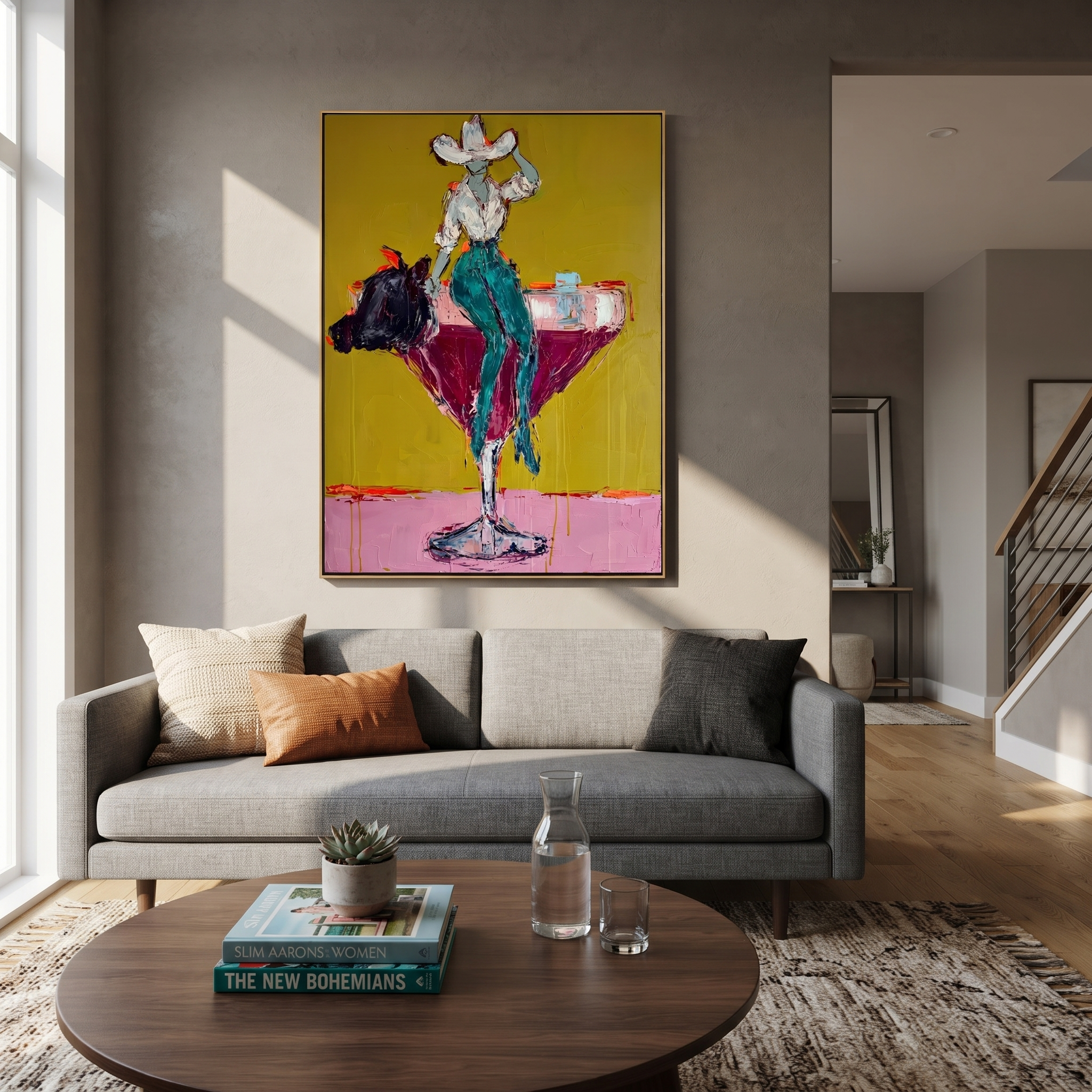 Turquoise Legs Balance Crimson displayed in a layered residential setting