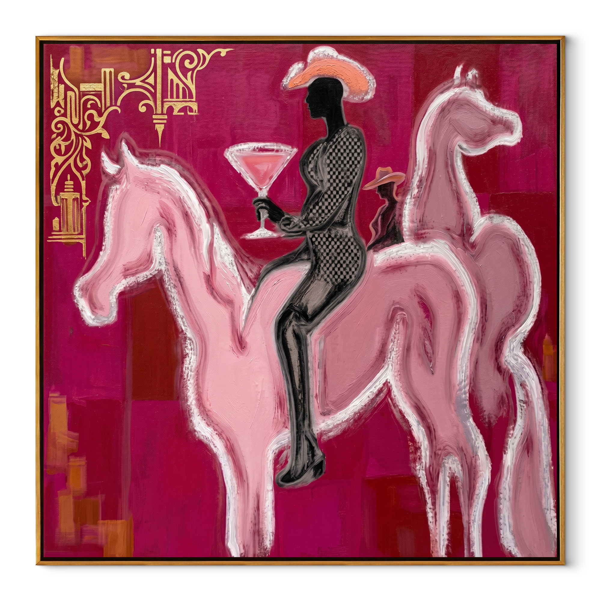 Pink Horses Carry Midnight Western figurative painting, square canvas artwork