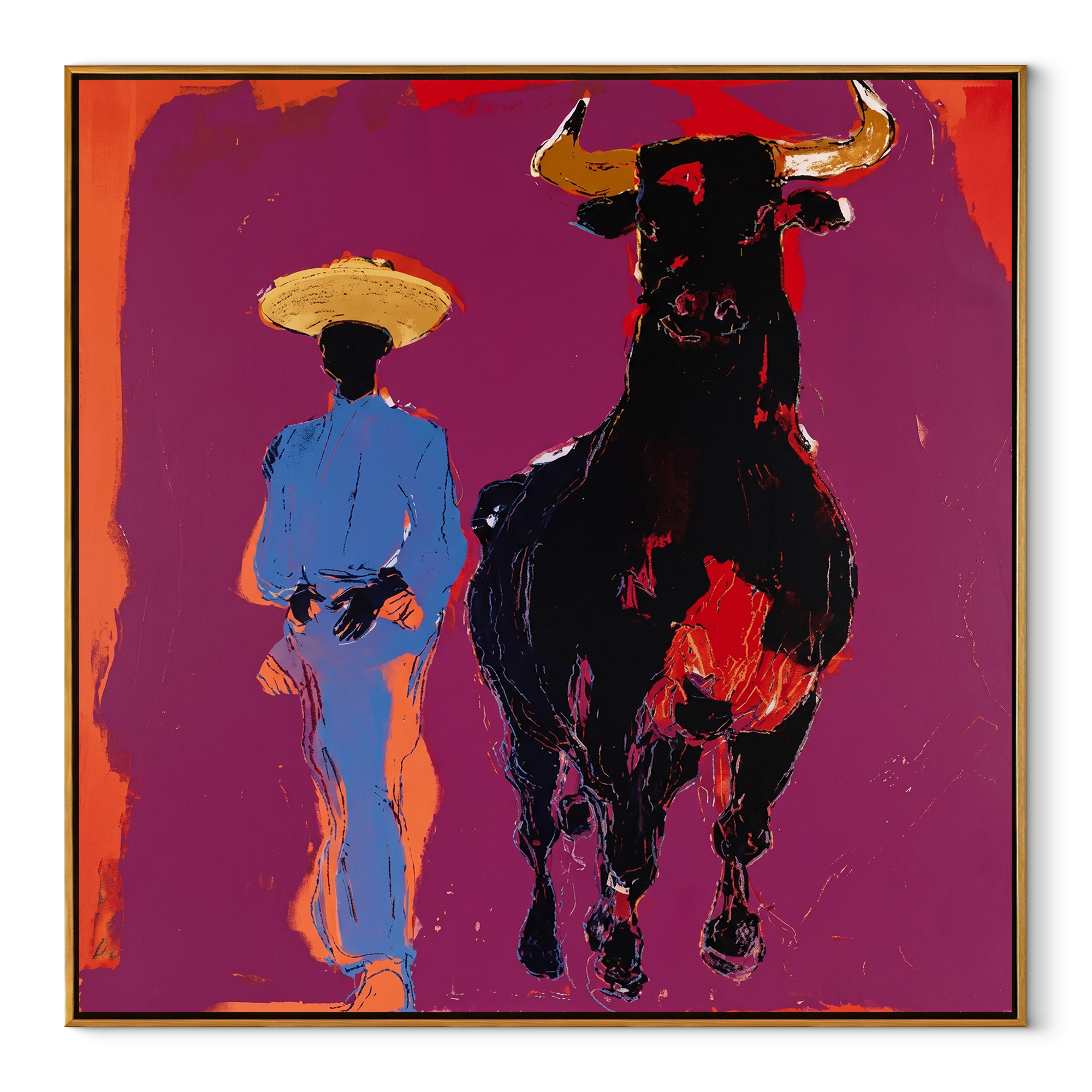 Blue Suit Walks Shadow Western figurative painting, square canvas artwork