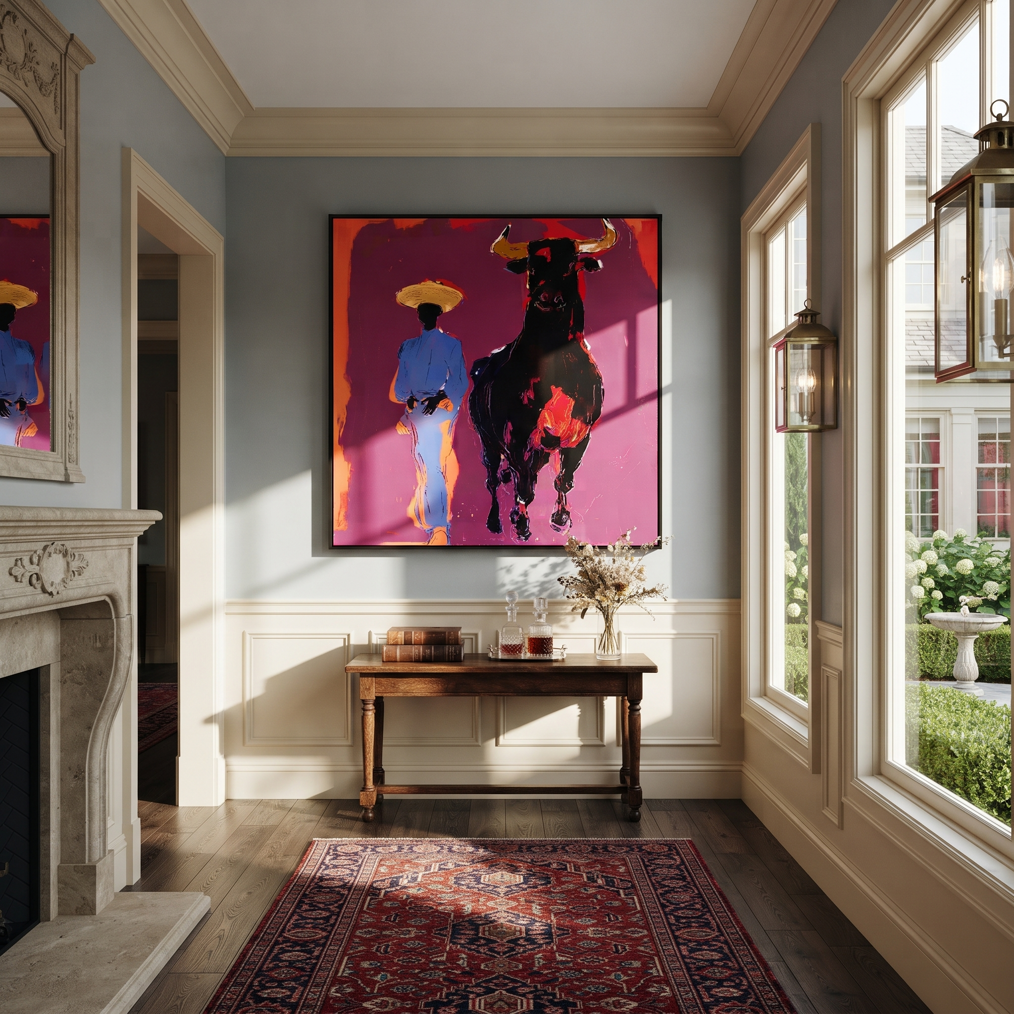 Blue Suit Walks Shadow presented as a colorful interior focal point