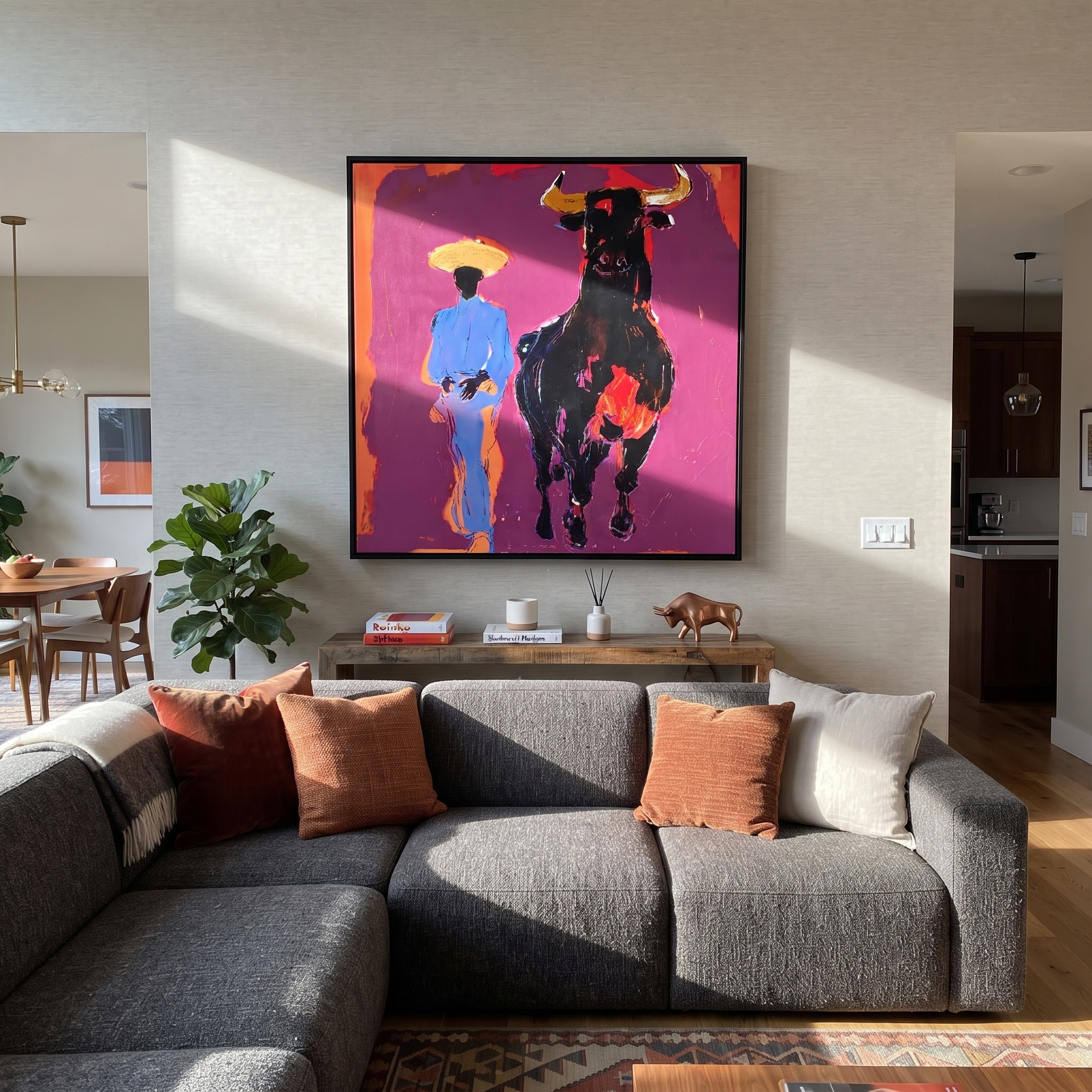 Blue Suit Walks Shadow styled with wood, linen, and modern decor