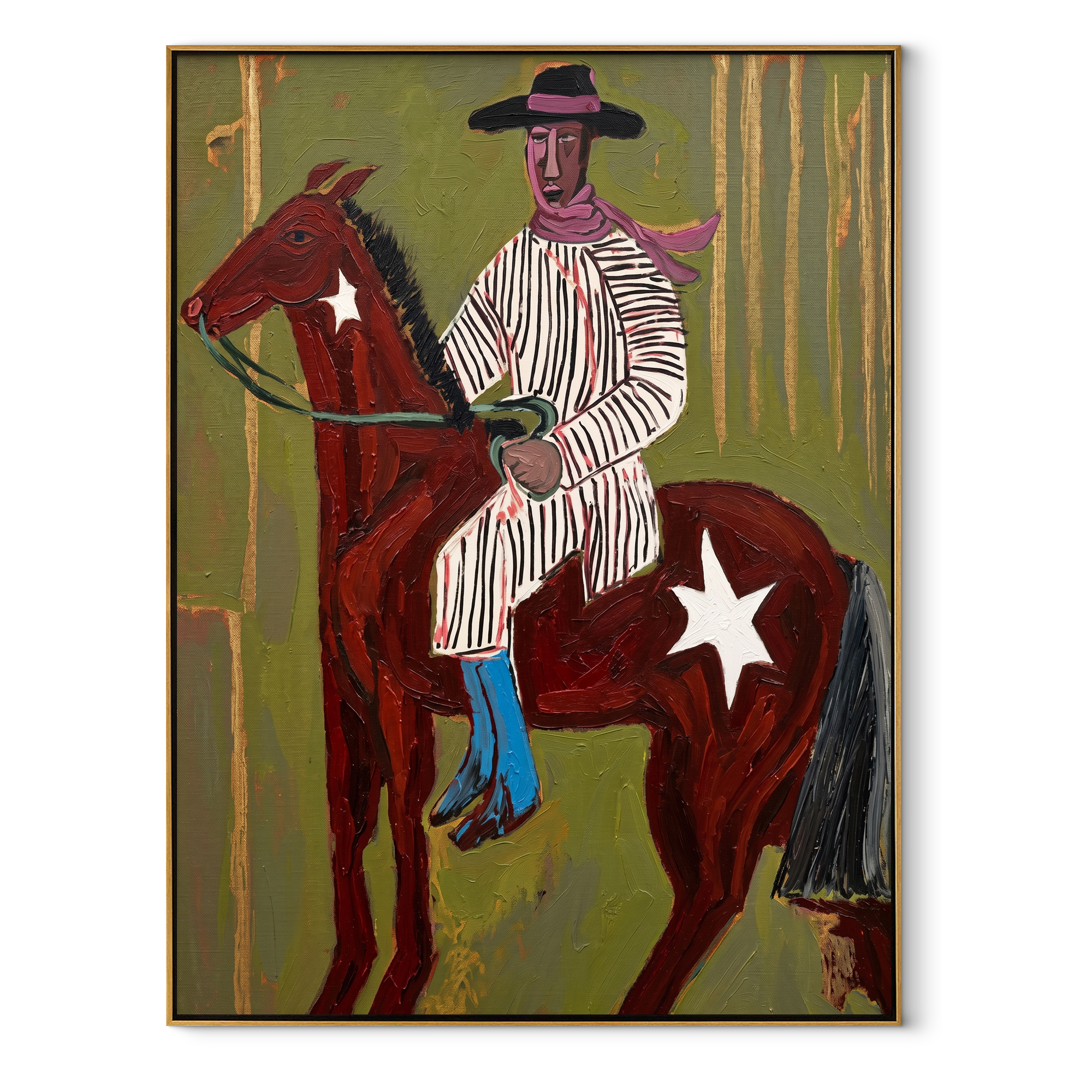 Striped Rider Crosses Olive Western figurative painting, vertical canvas artwork
