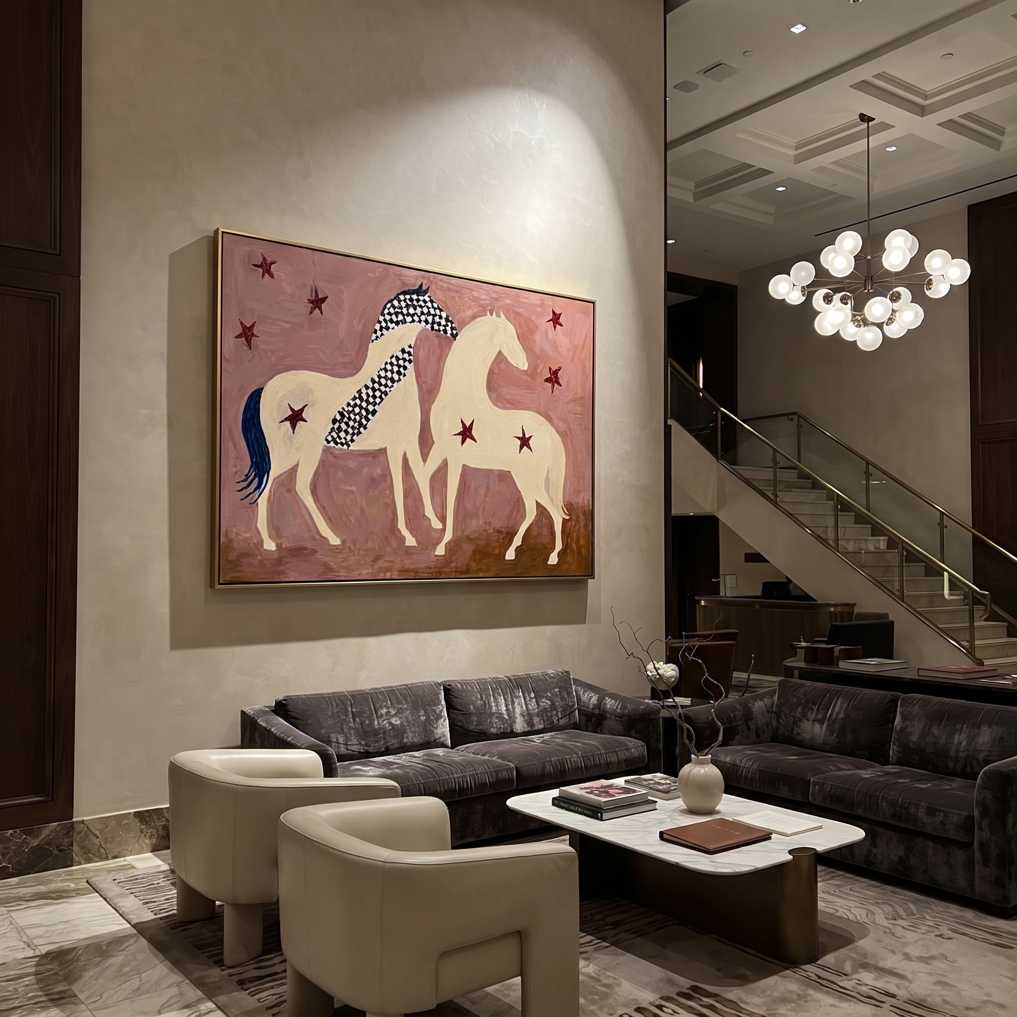 Two Cream Horses Gather displayed in a layered residential setting