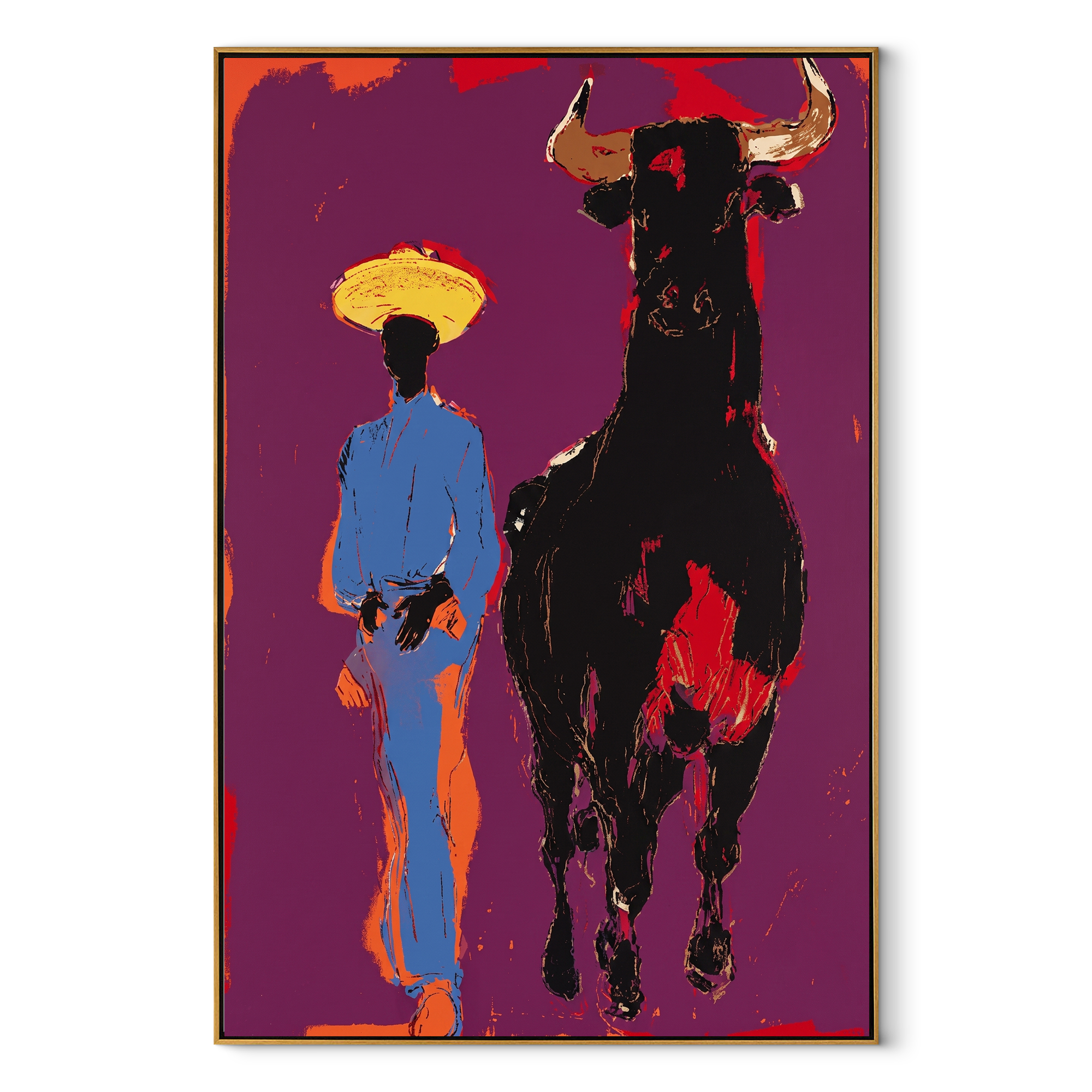 Black Bull Follows Blue Western figurative painting, vertical canvas artwork