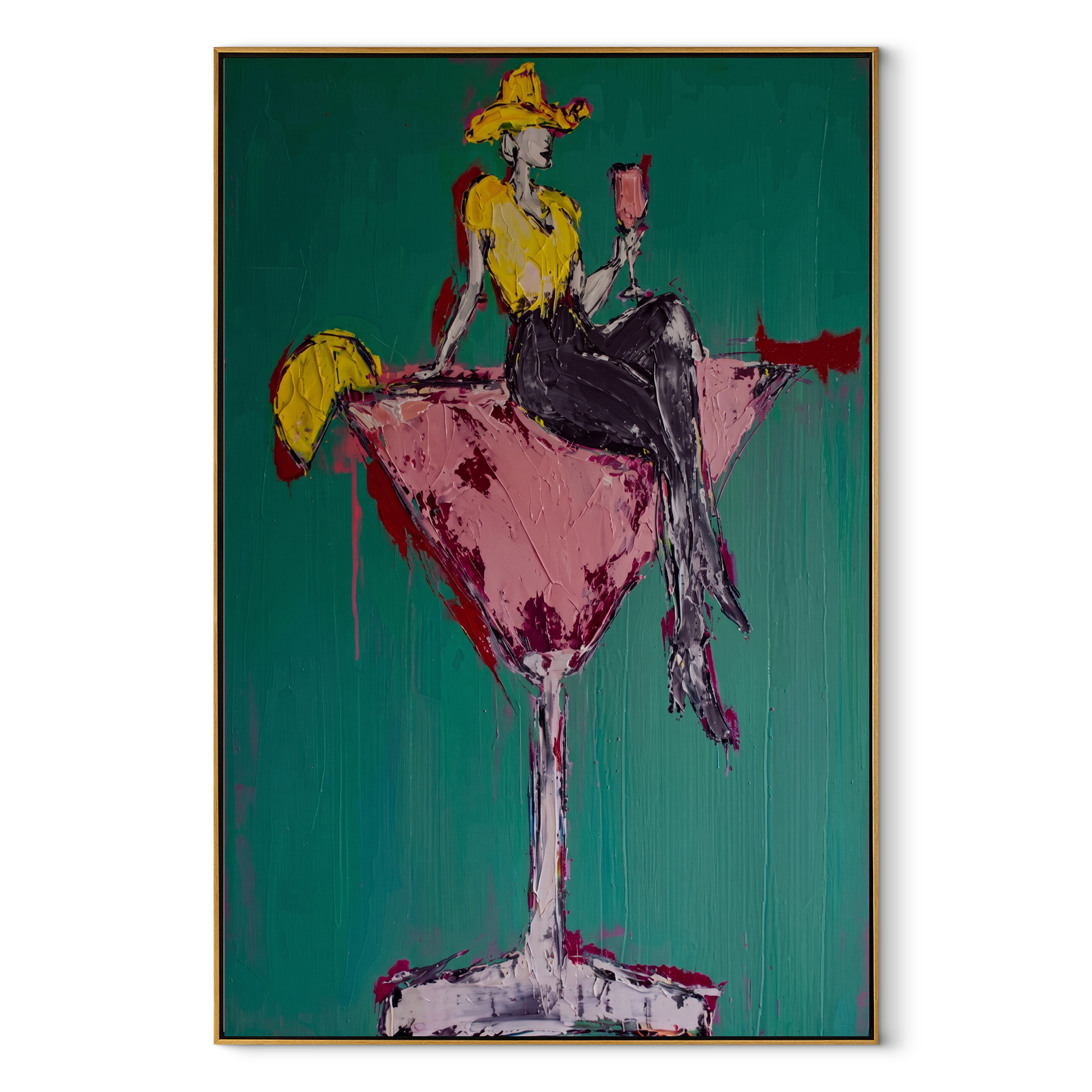 Golden Cowgirl Holds Rose Western figurative painting, vertical canvas artwork