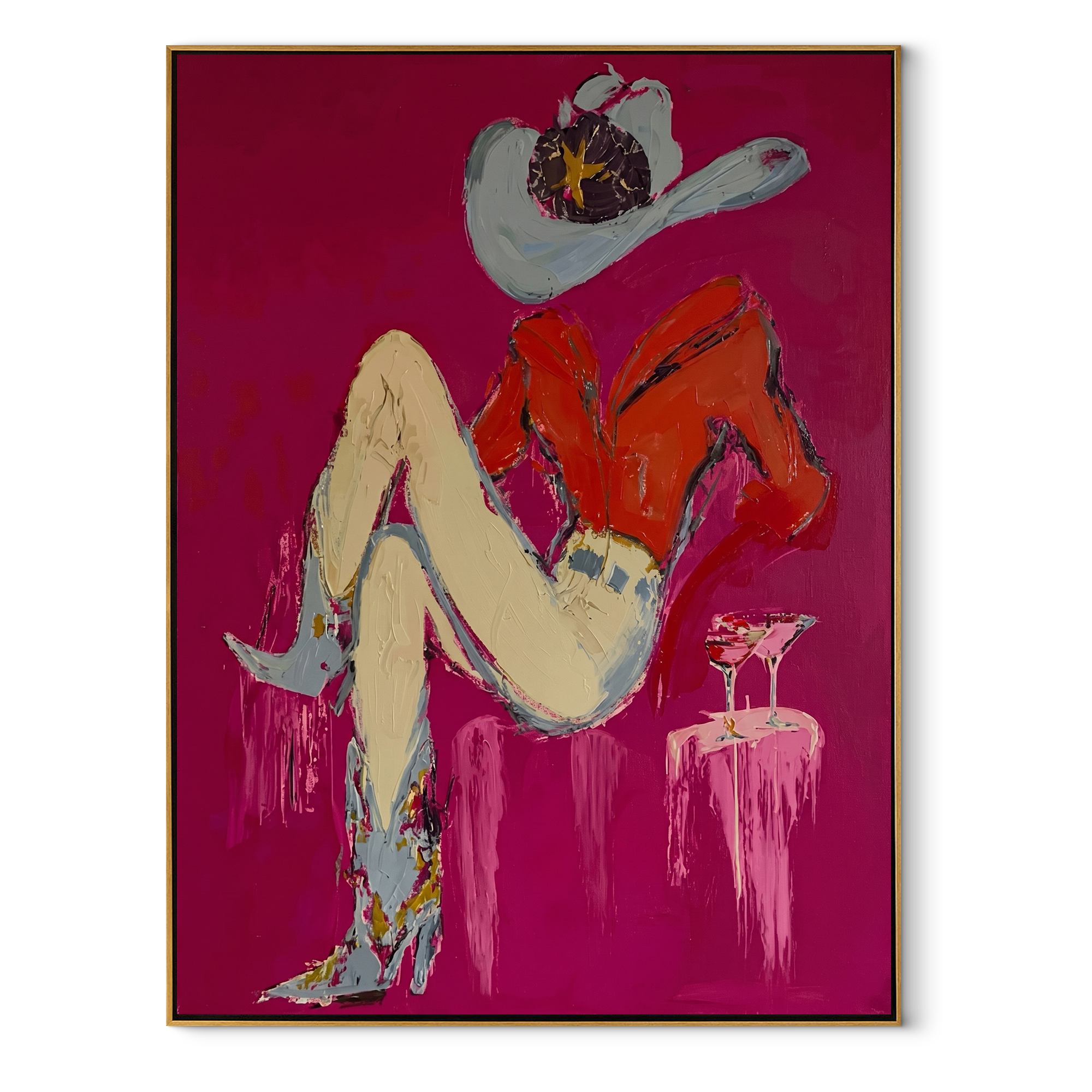 Scarlet Hat Guards Rest Western figurative painting, vertical canvas artwork