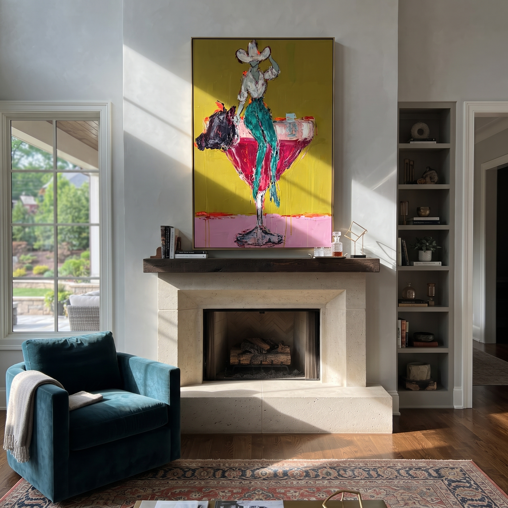 Teal Trousers Balance Gold styled with wood, linen, and modern decor