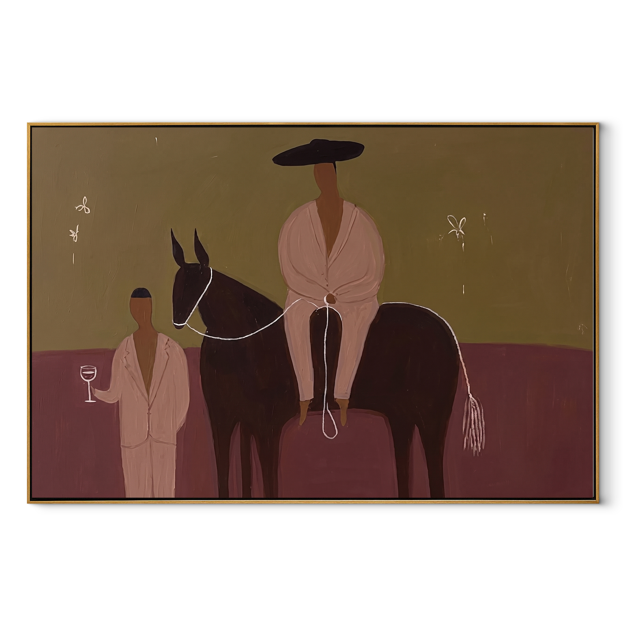 Two Figures Share Reins Western figurative painting, horizontal canvas artwork