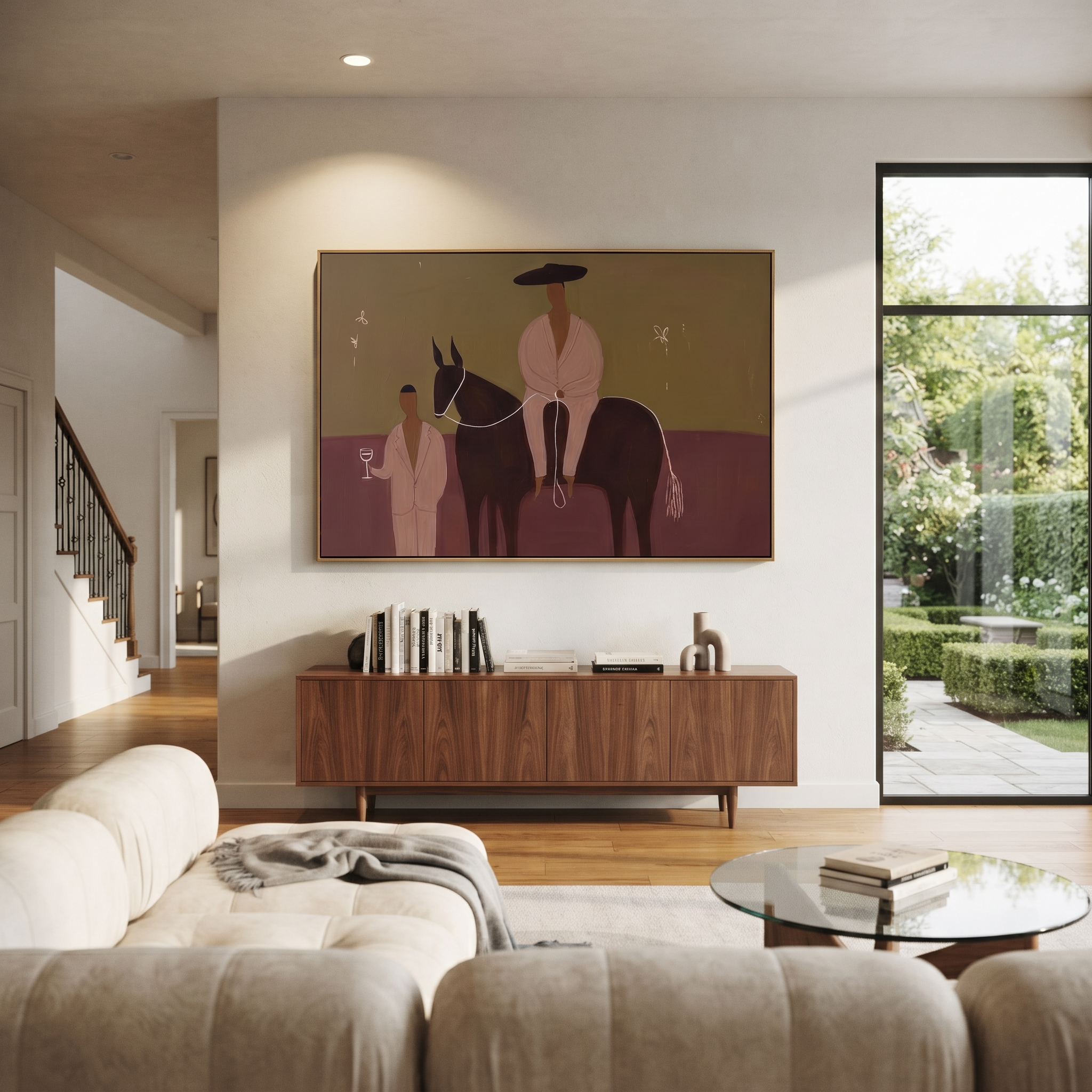Two Figures Share Reins displayed in a layered residential setting