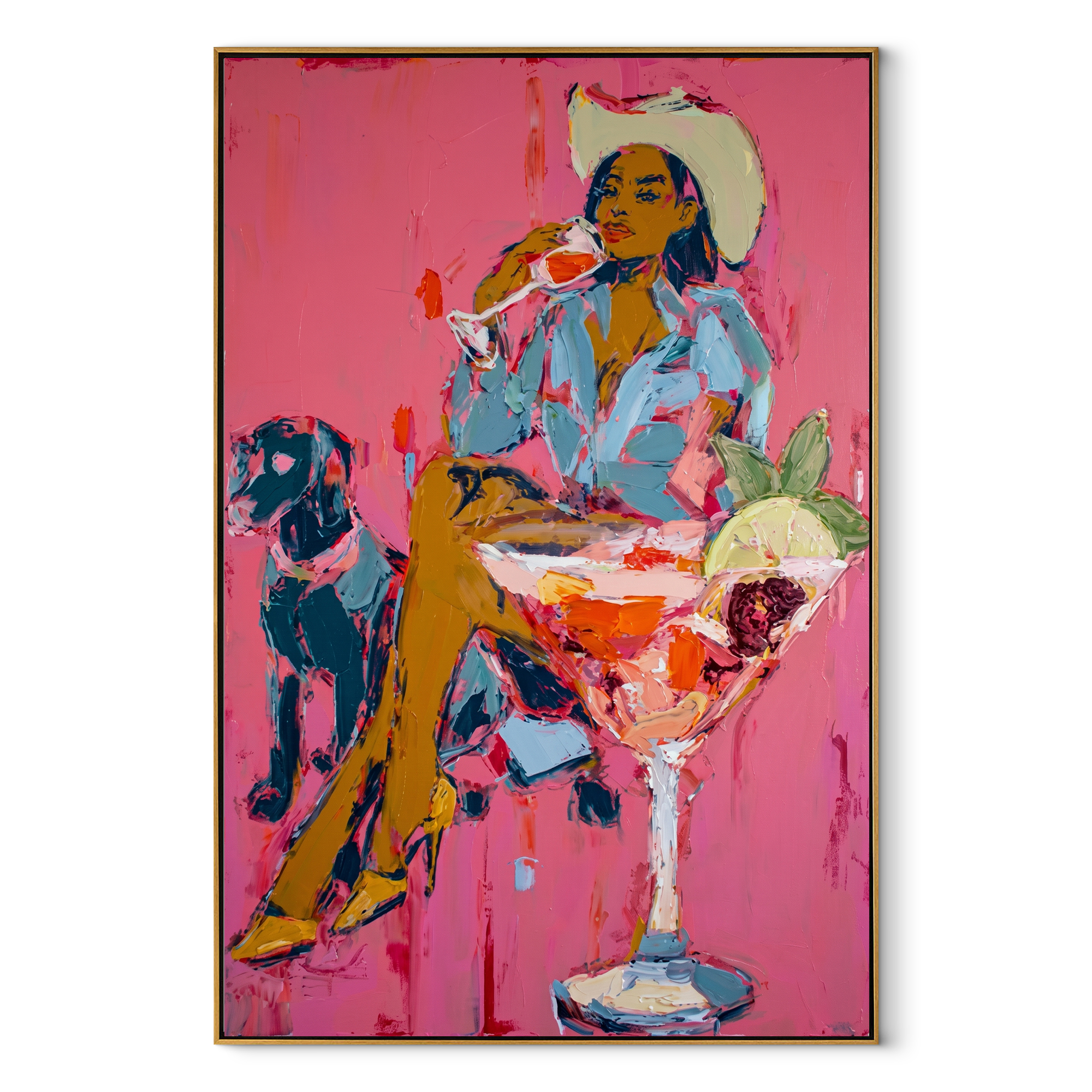 Pink Cocktails Guard Company Western figurative painting, vertical canvas artwork