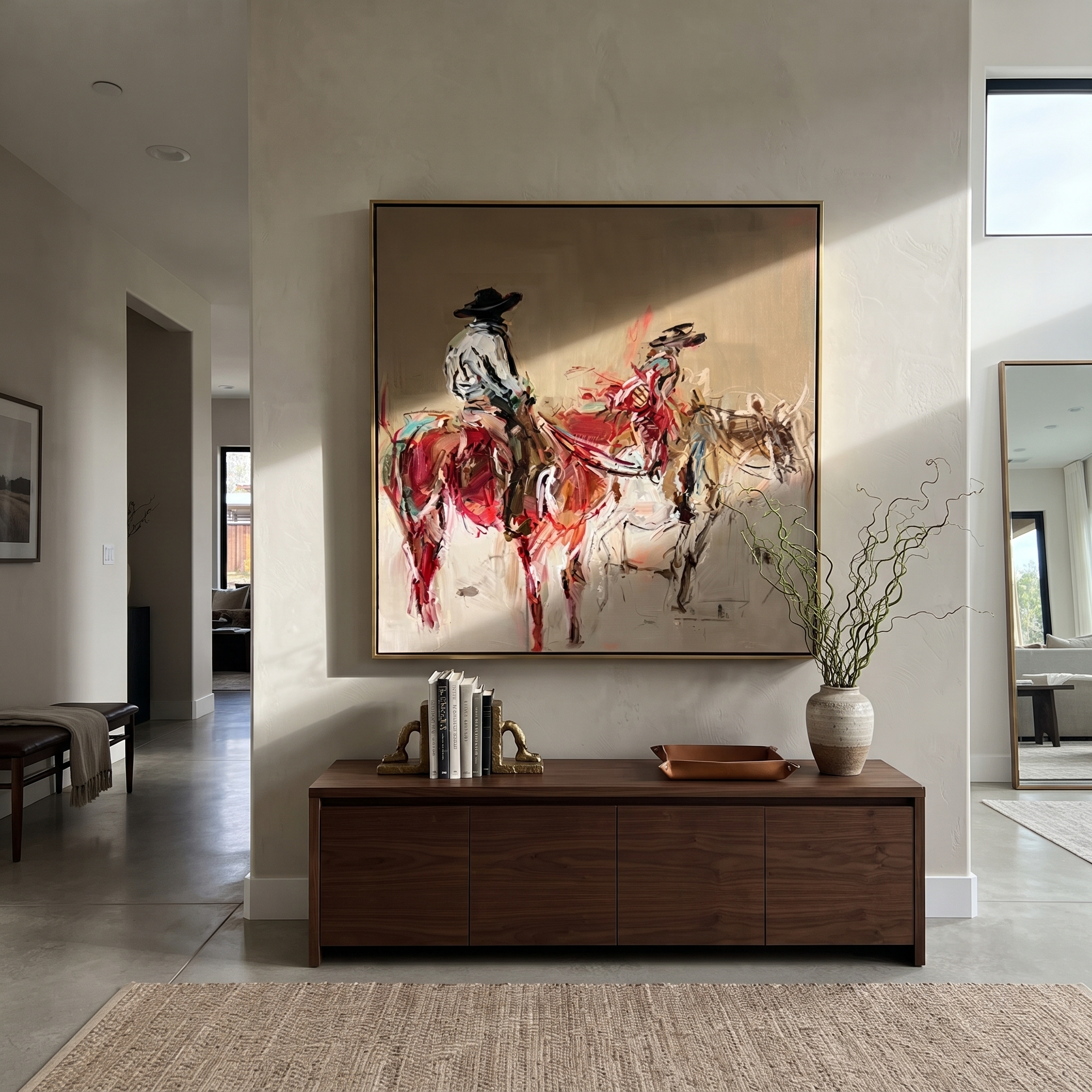 Two Riders Break Dust styled with wood, linen, and modern decor