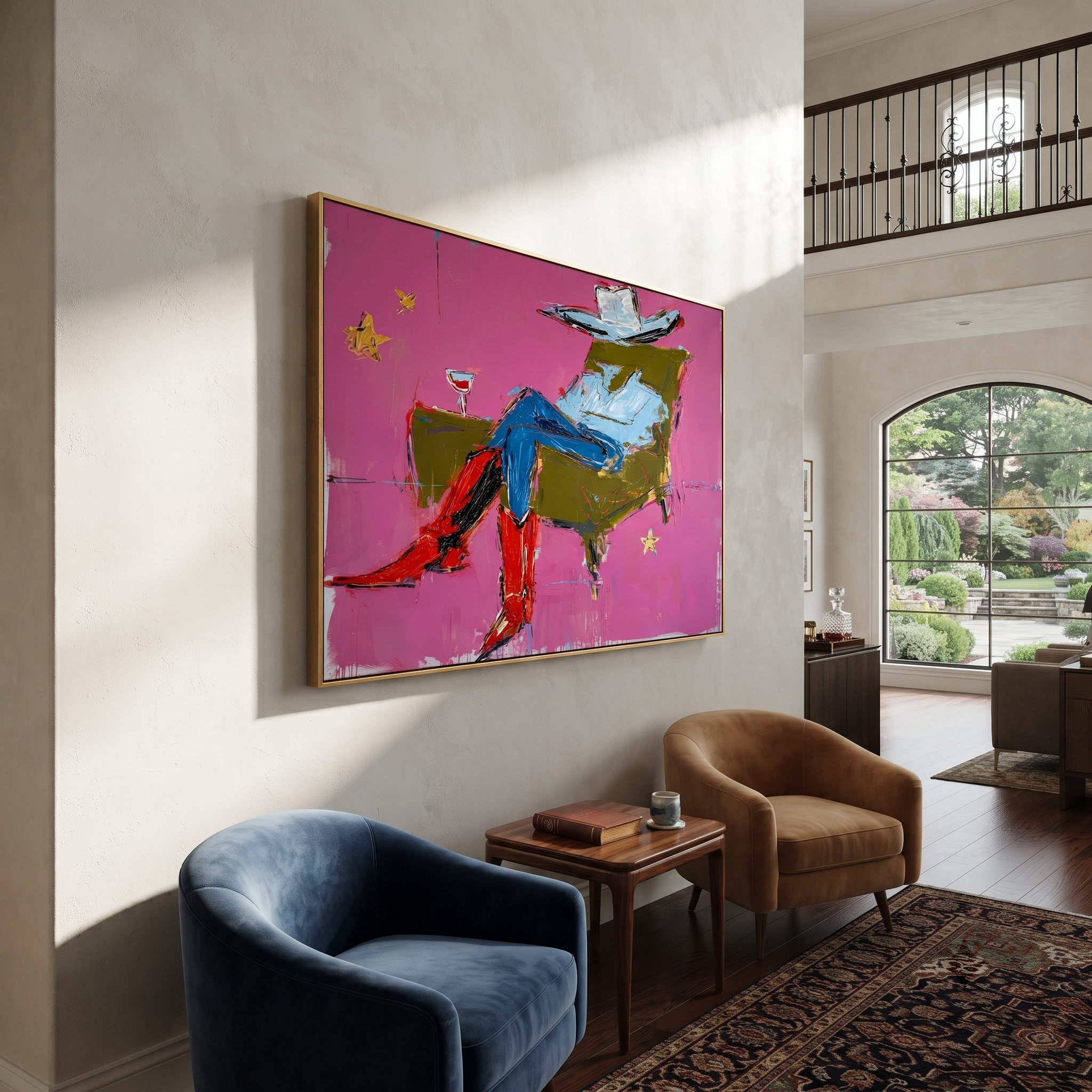 Red Boots Recline Westward styled with wood, linen, and modern decor
