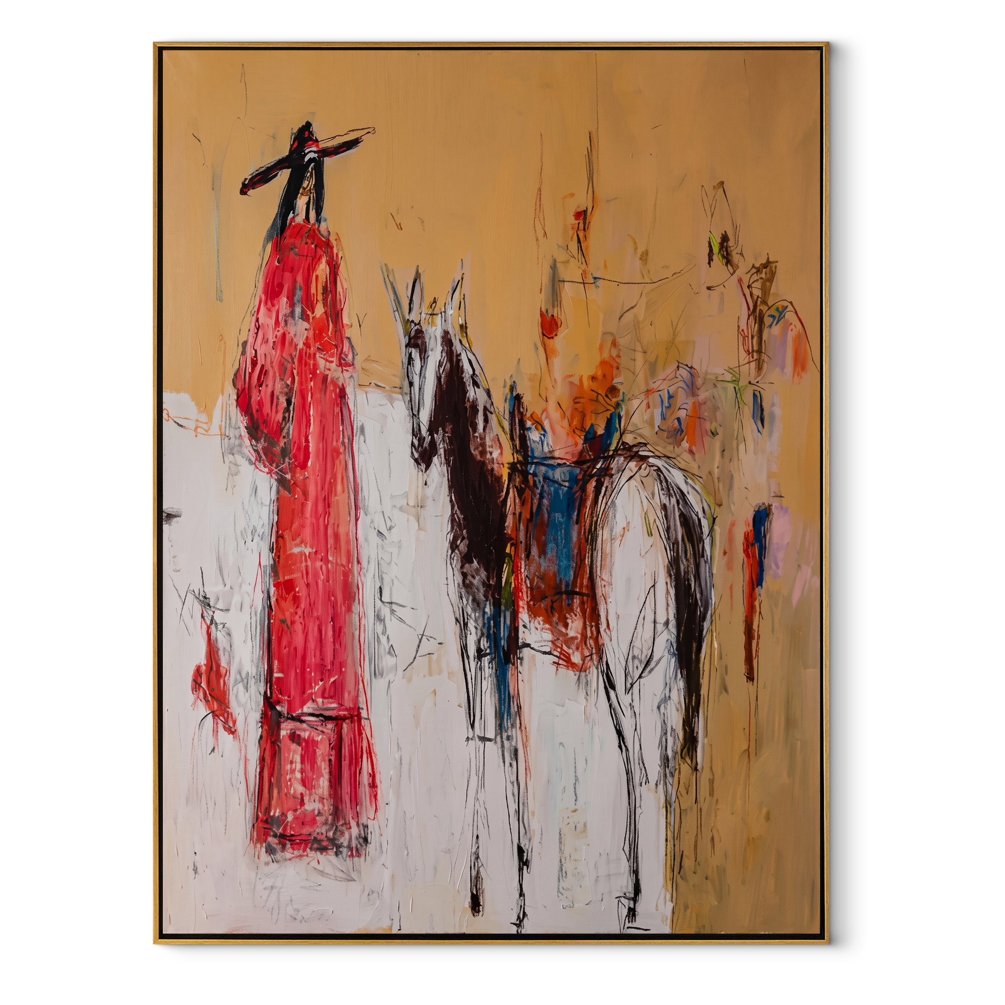 Scarlet Figure Follows Horse Western figurative painting, vertical canvas artwork