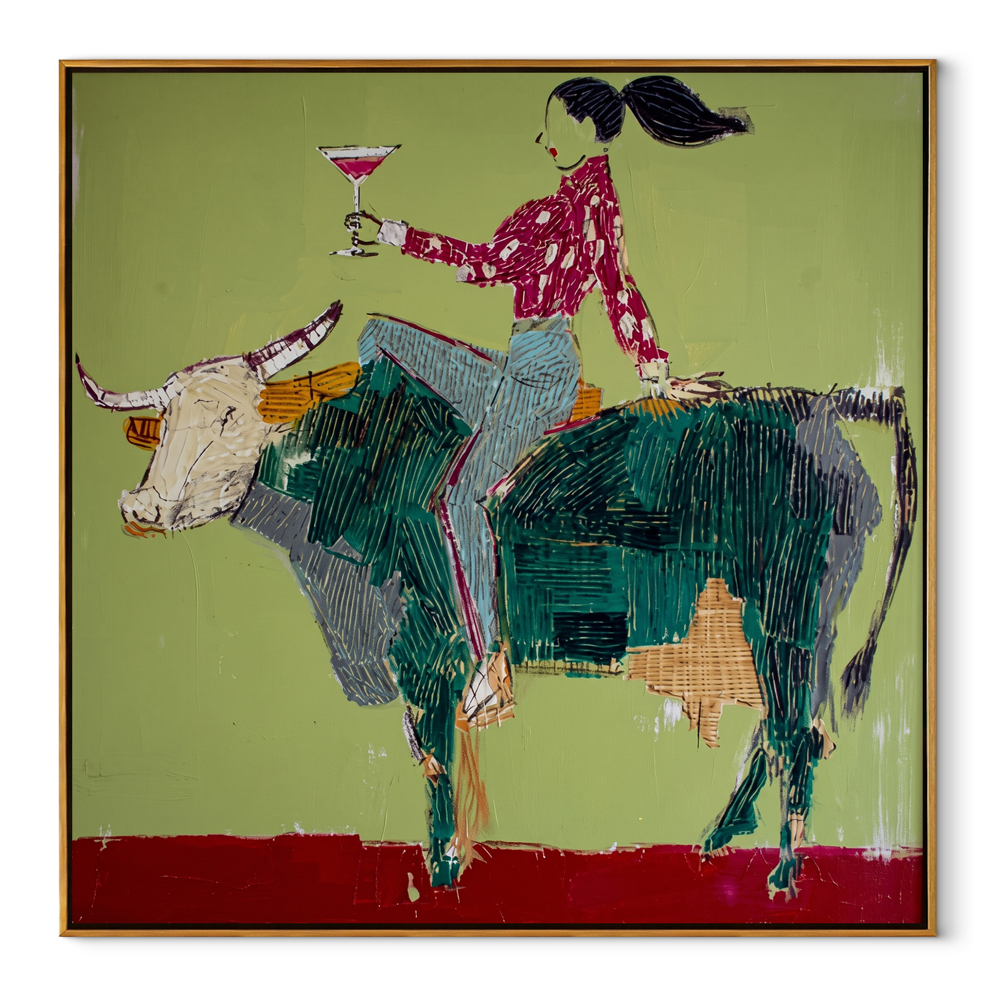 Green Horns Carry Leisure Western figurative painting, square canvas artwork