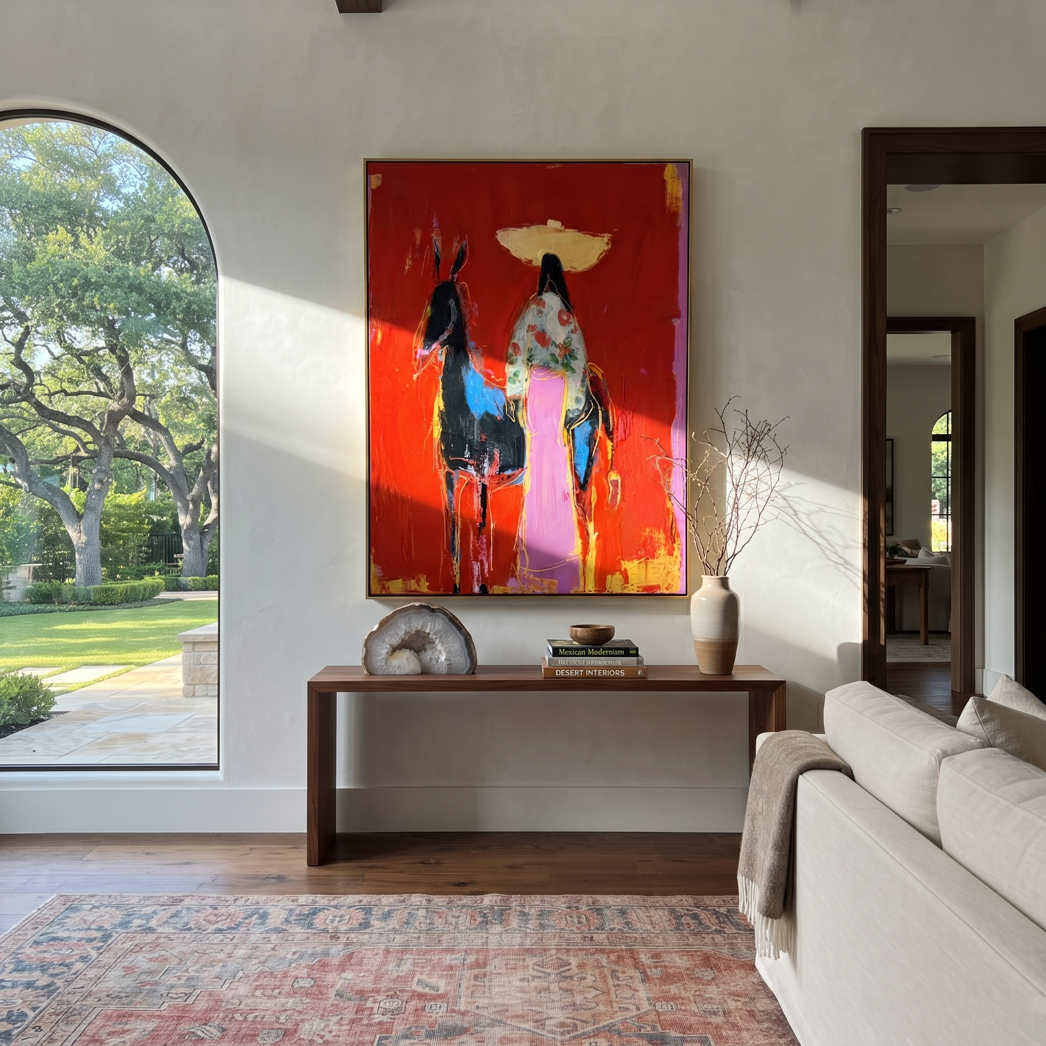 Floral Coat Meets Shadow displayed in a collected contemporary interior