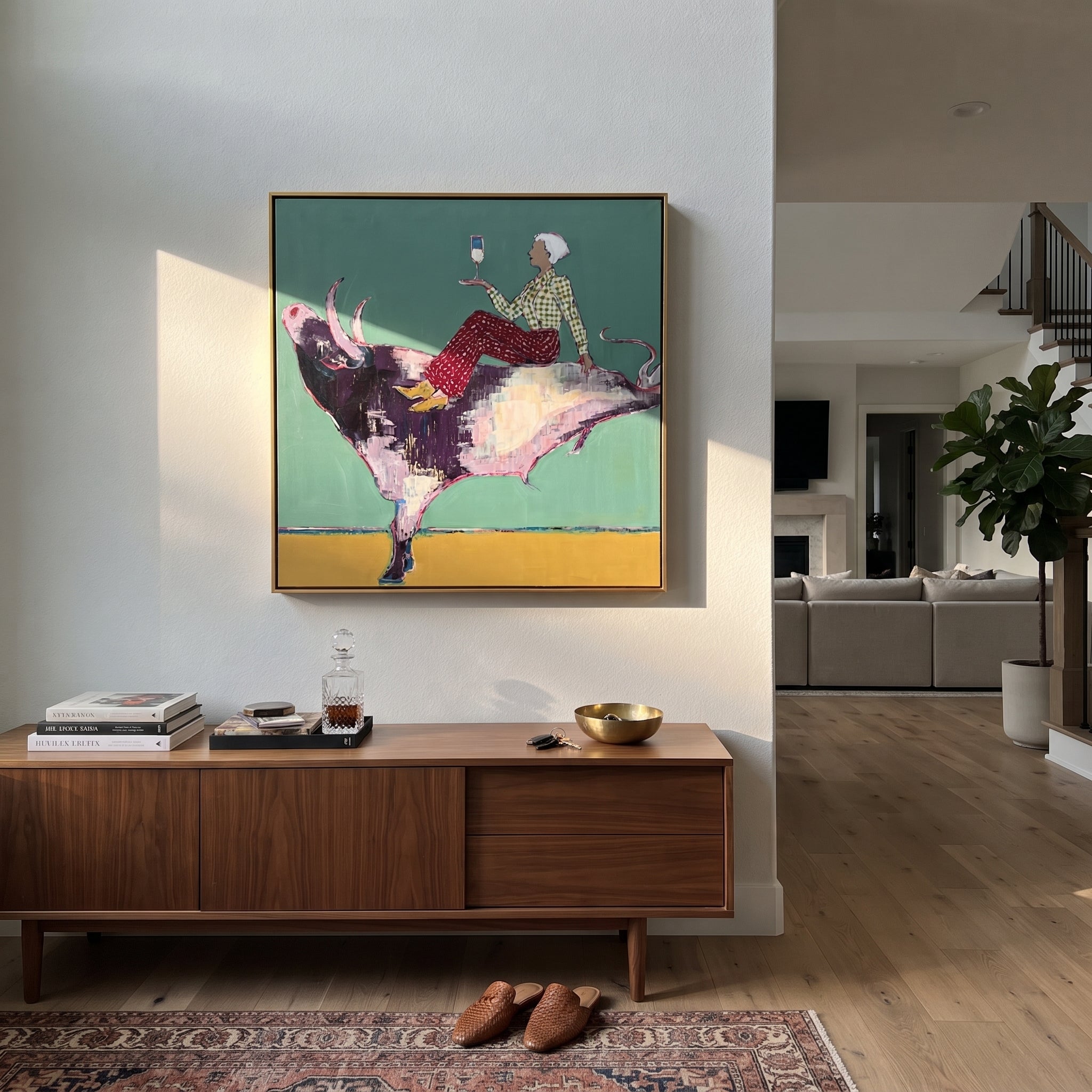 Teal Bull Lifts Toast displayed in a layered residential setting