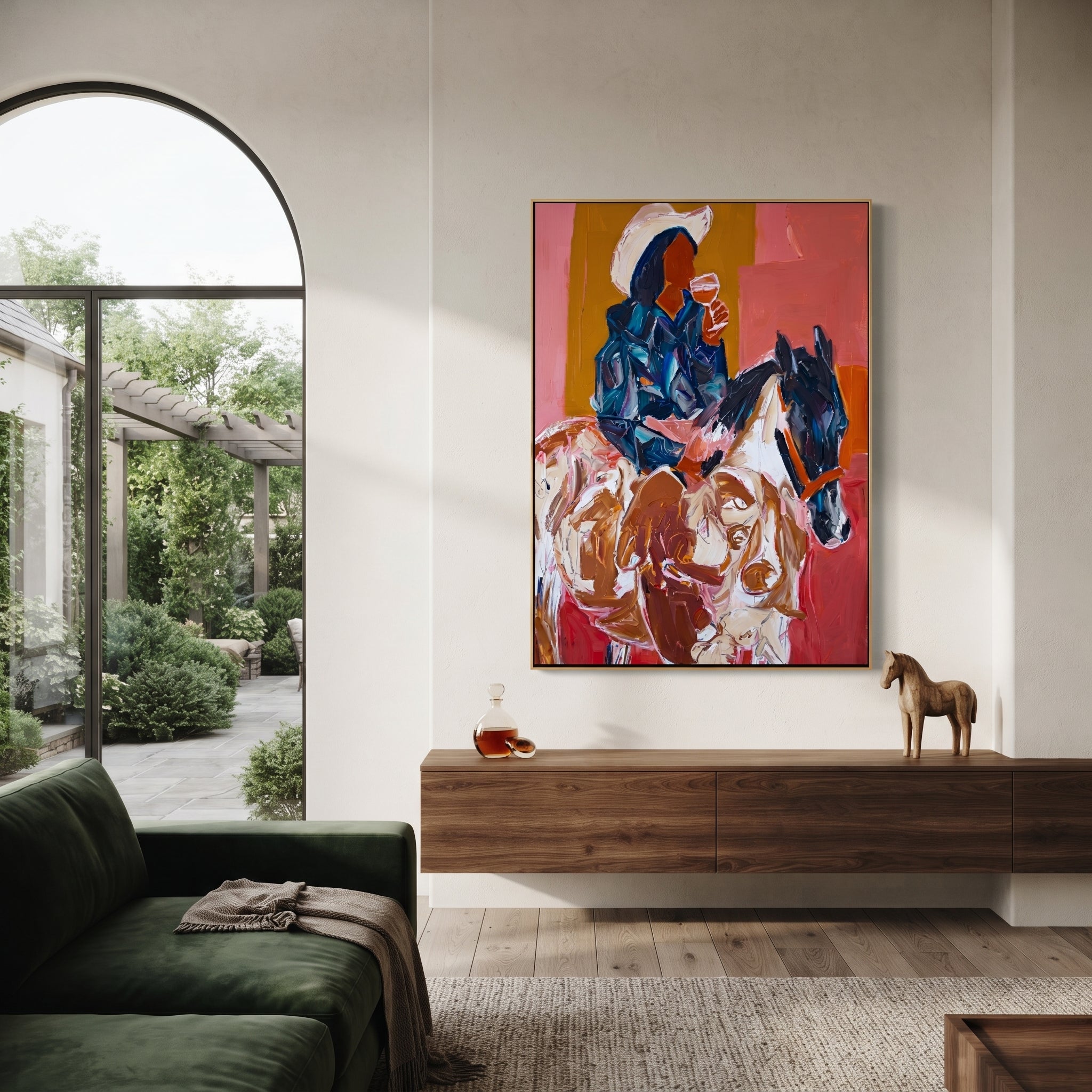 Blue Rider Meets Herd displayed in a layered residential setting