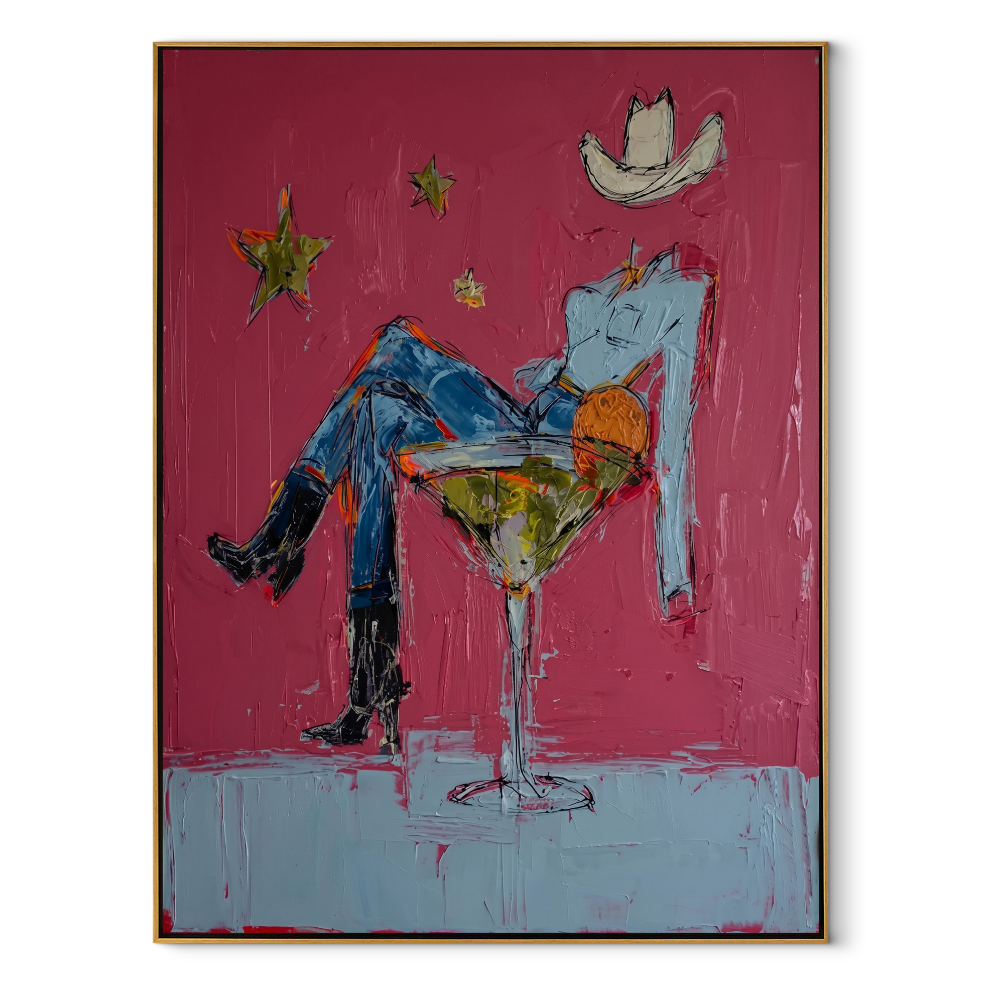 Blue Legs Fill Glass Western figurative painting, vertical canvas artwork
