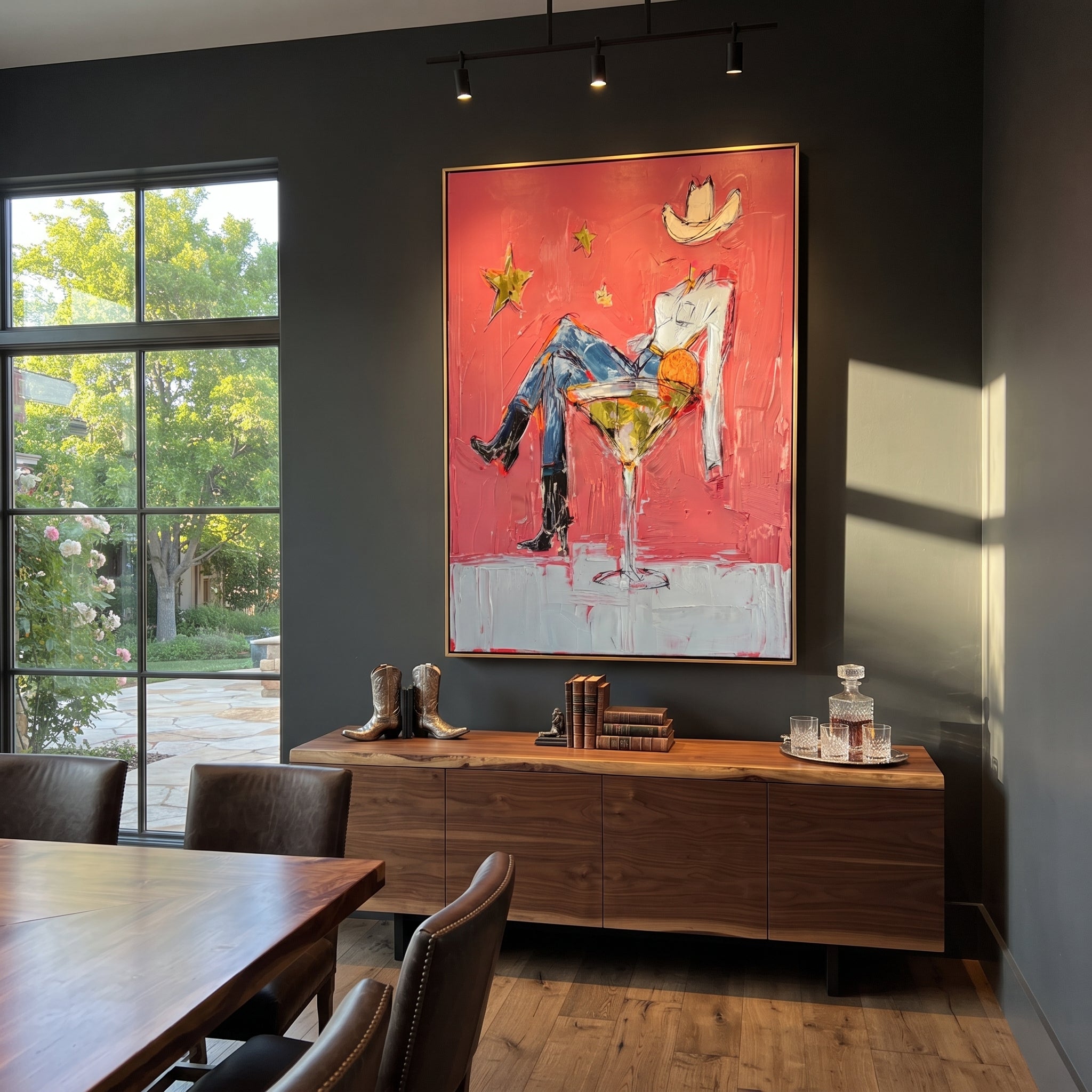 Blue Legs Fill Glass styled with warm modern furnishings