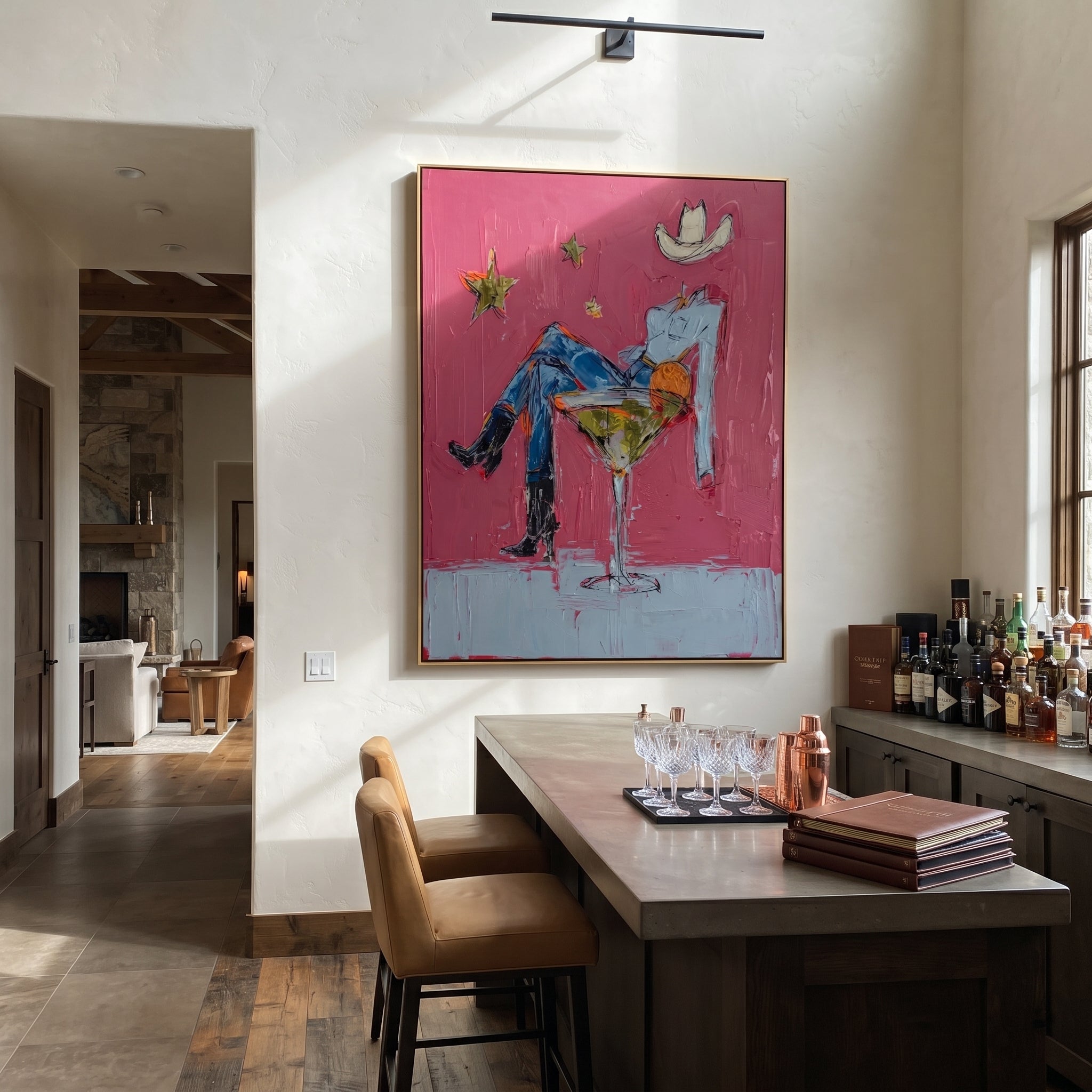 Blue Legs Fill Glass presented as a colorful interior focal point