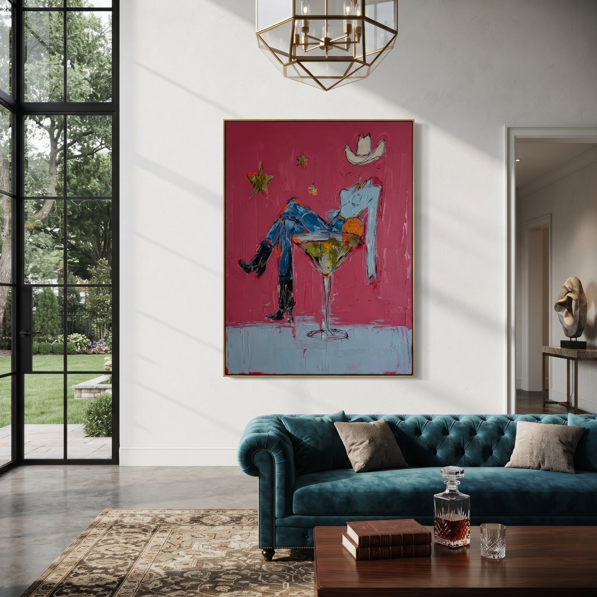 Blue Legs Fill Glass styled with wood, linen, and modern decor