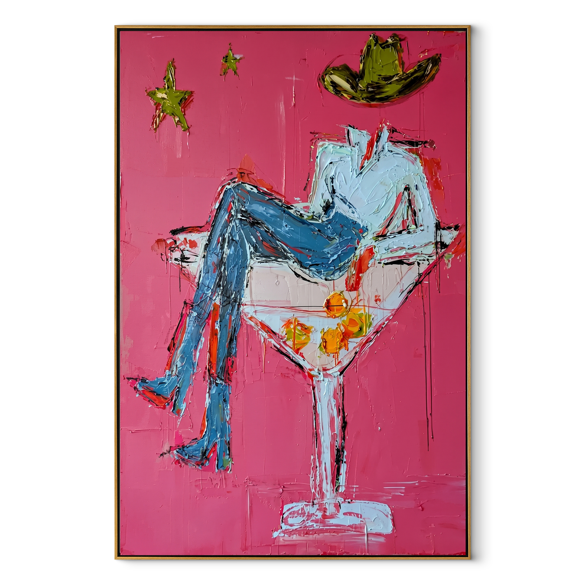 White Glass Holds Denim Western figurative painting, vertical canvas artwork
