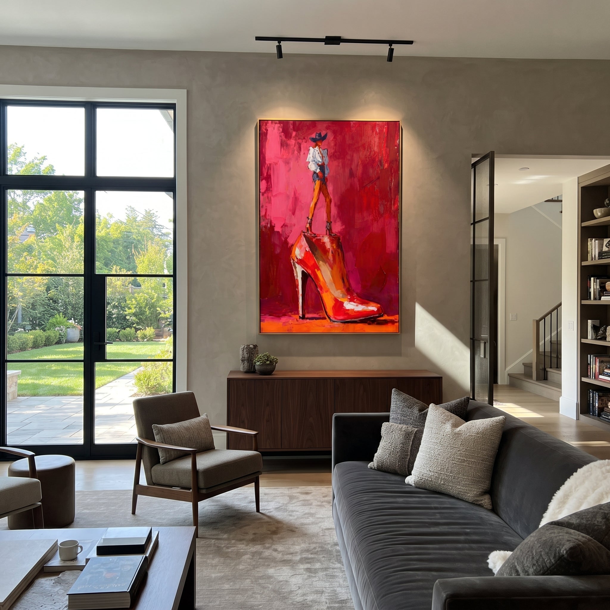 Red Heel Holds Rider displayed in a collected contemporary interior