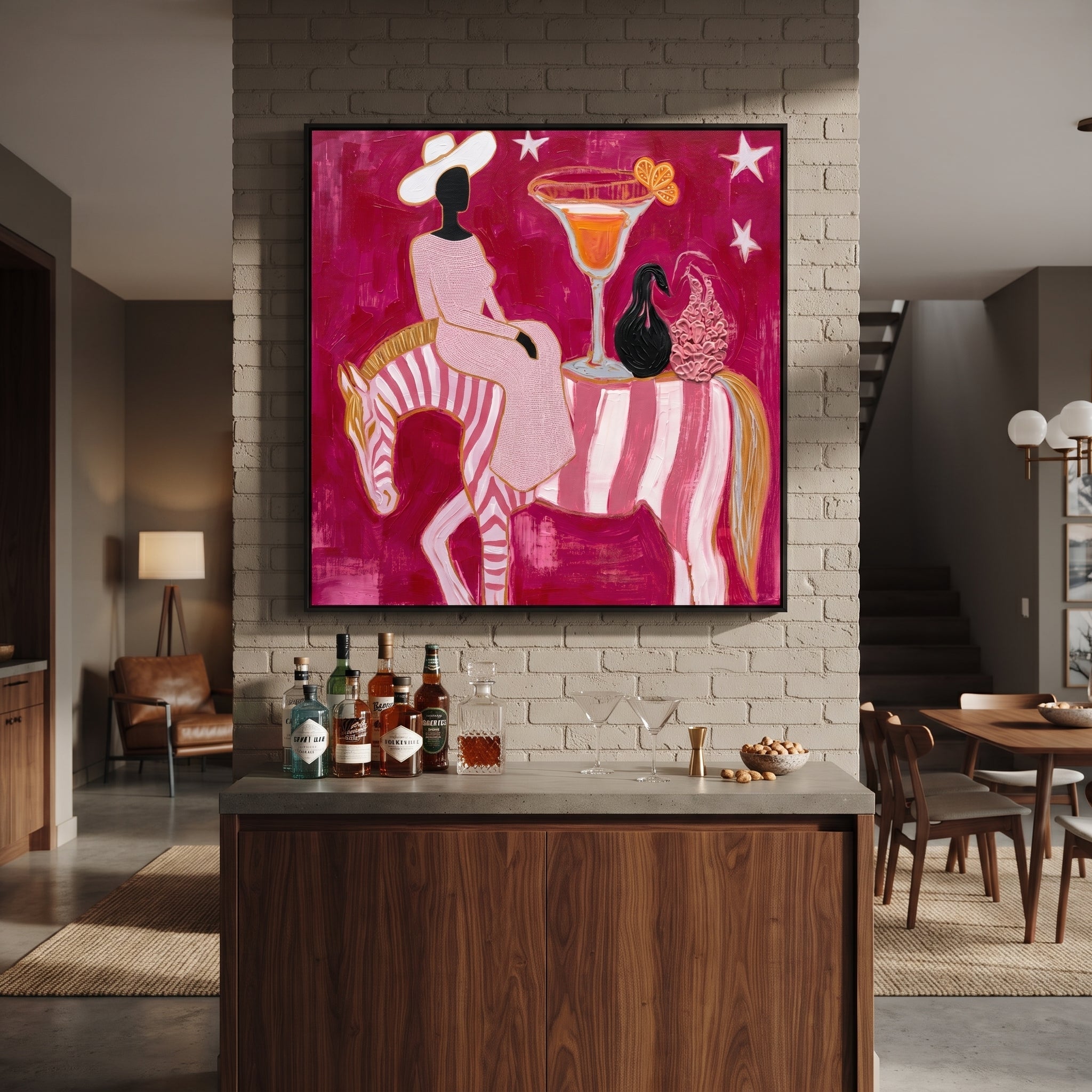 Striped Horse Serves Sunset styled with wood, linen, and modern decor
