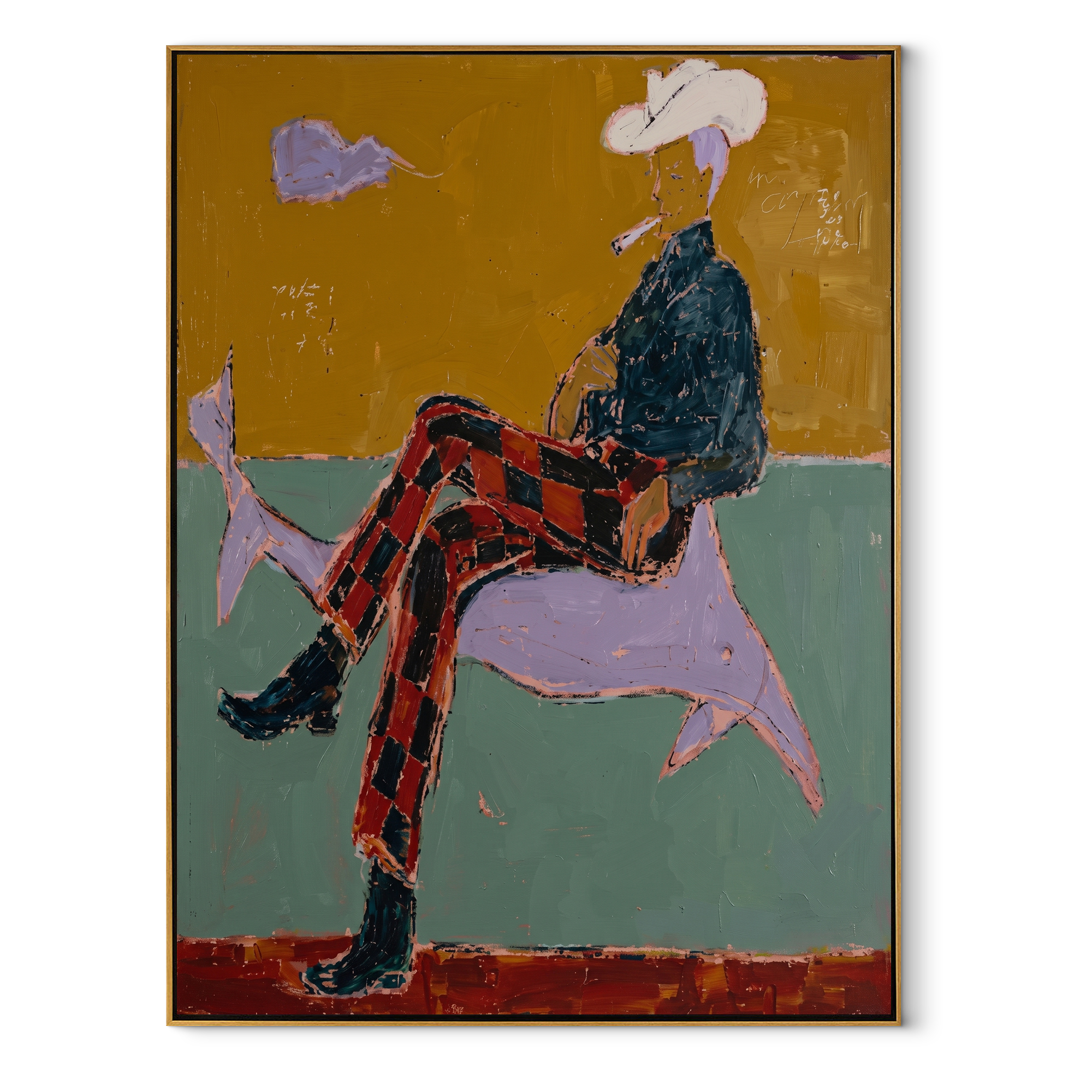 Plaid Legs Cross Silver Western figurative painting, vertical canvas artwork