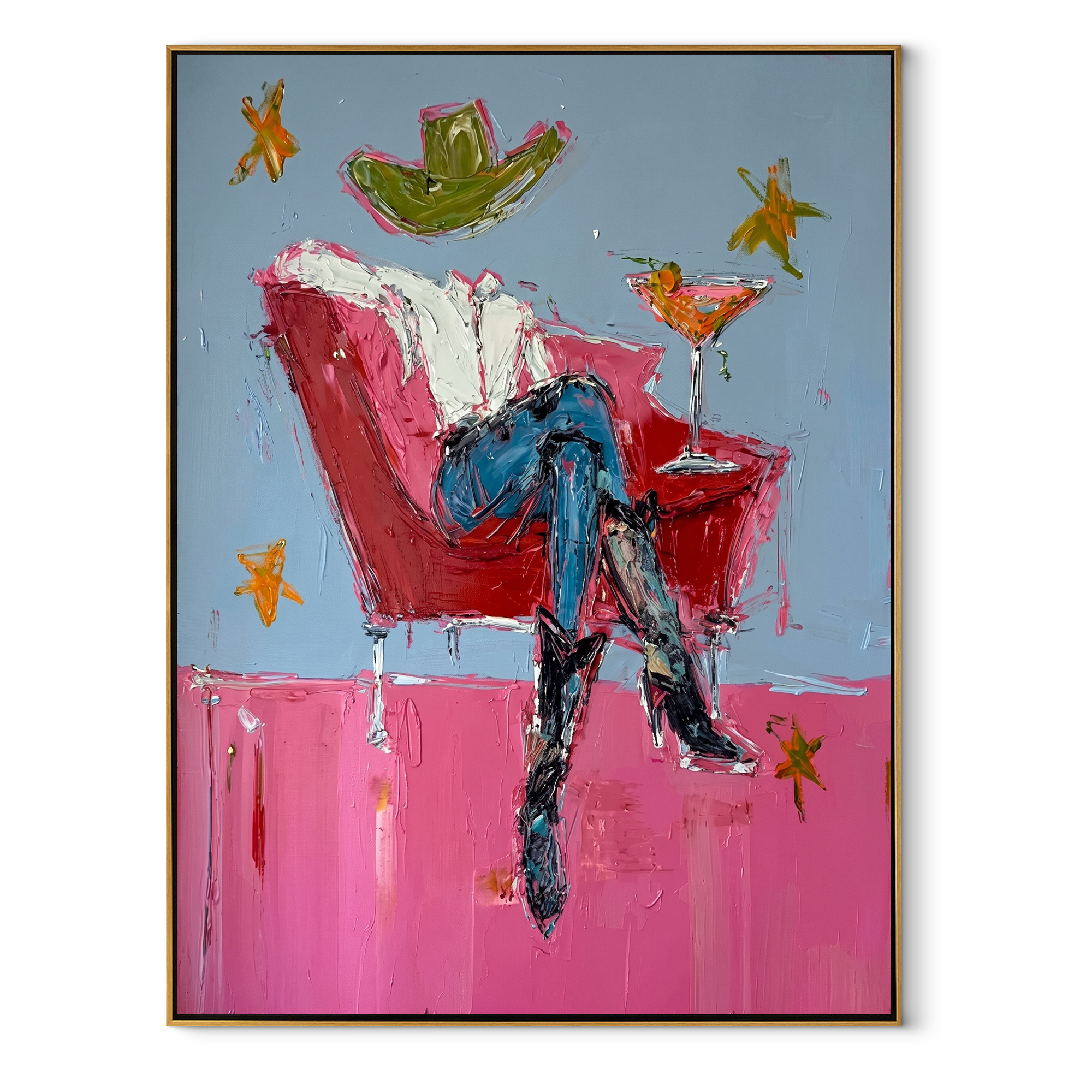 Red Chair Floats Blue Western figurative painting, vertical canvas artwork