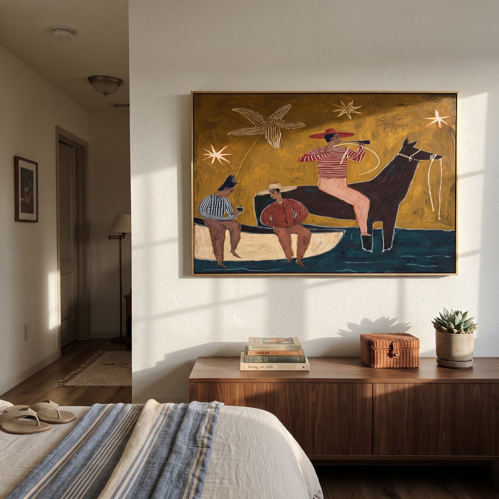 Three Cowboys Share Crossing displayed in a layered residential setting