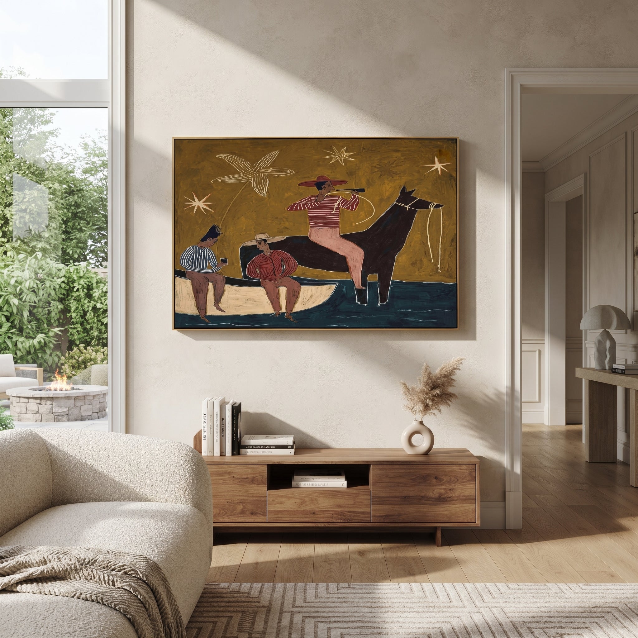 Three Cowboys Share Crossing styled with wood, linen, and modern decor