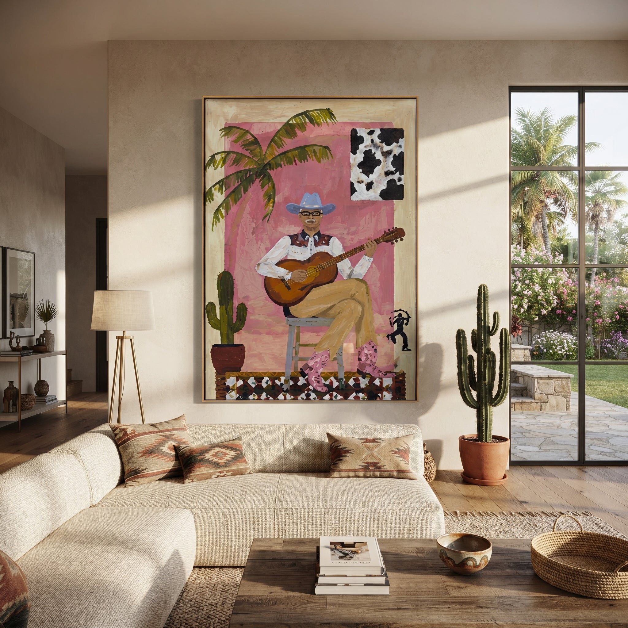 Guitar Warms Pink Courtyard displayed in a collected contemporary interior