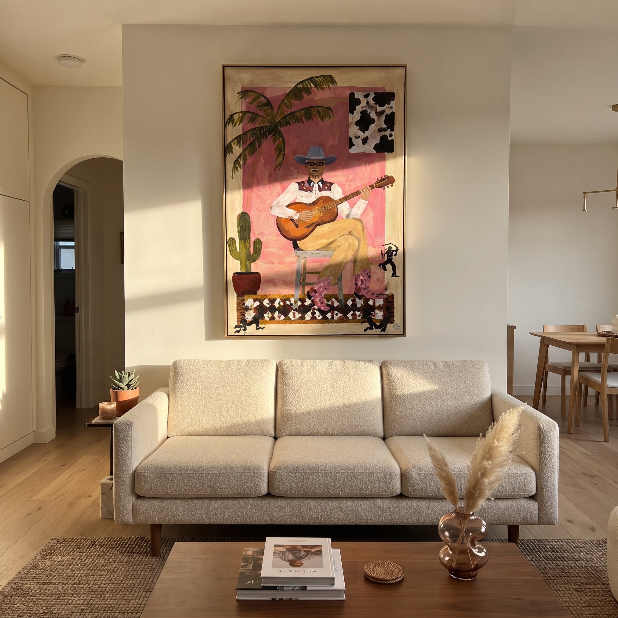 Guitar Warms Pink Courtyard displayed in a layered residential setting